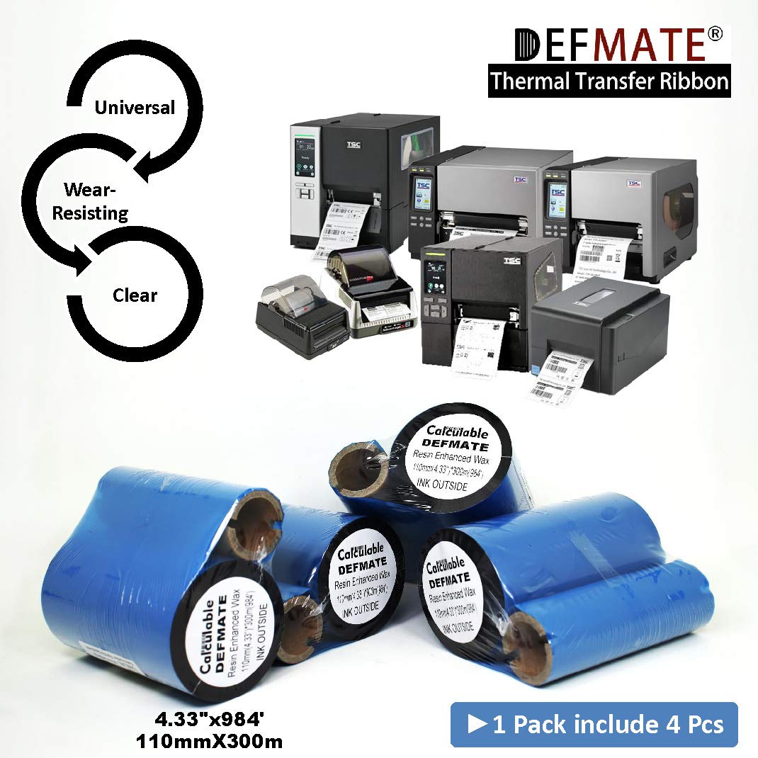 Defmate 4 Rolls 4.33'' X 984' Thermal Transfer Ribbon   Premium Resin Enhanced Wax Printer Ribbon 1Inch Core Ink Out For Zebra Z