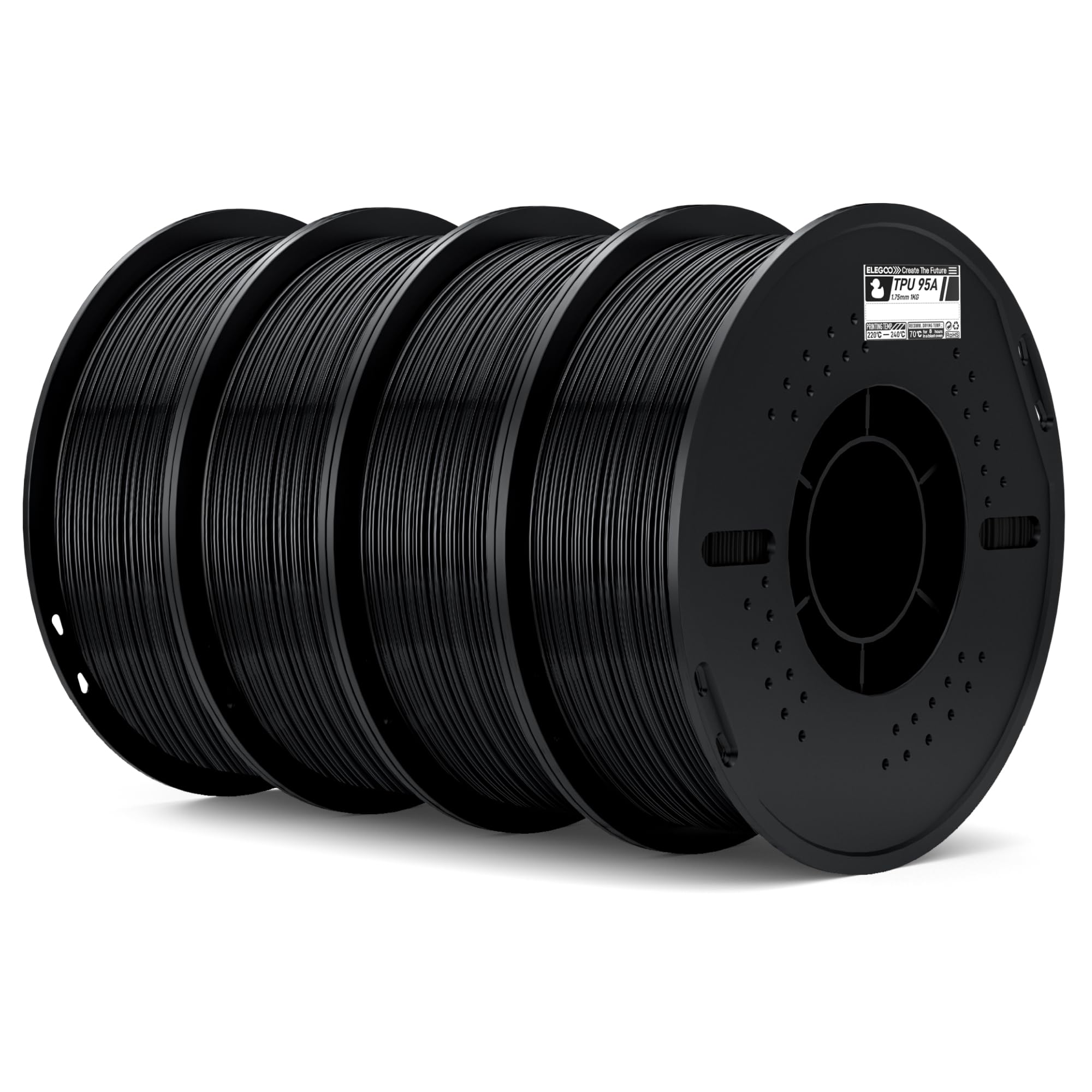 ELEGOO TPU Filament 1.75mm Black 4KG, 95A Flexible Soft 3D Printing Filament 4pcs 1KG Spool(2.2lbs) Fits for Most FDM 3D Printer