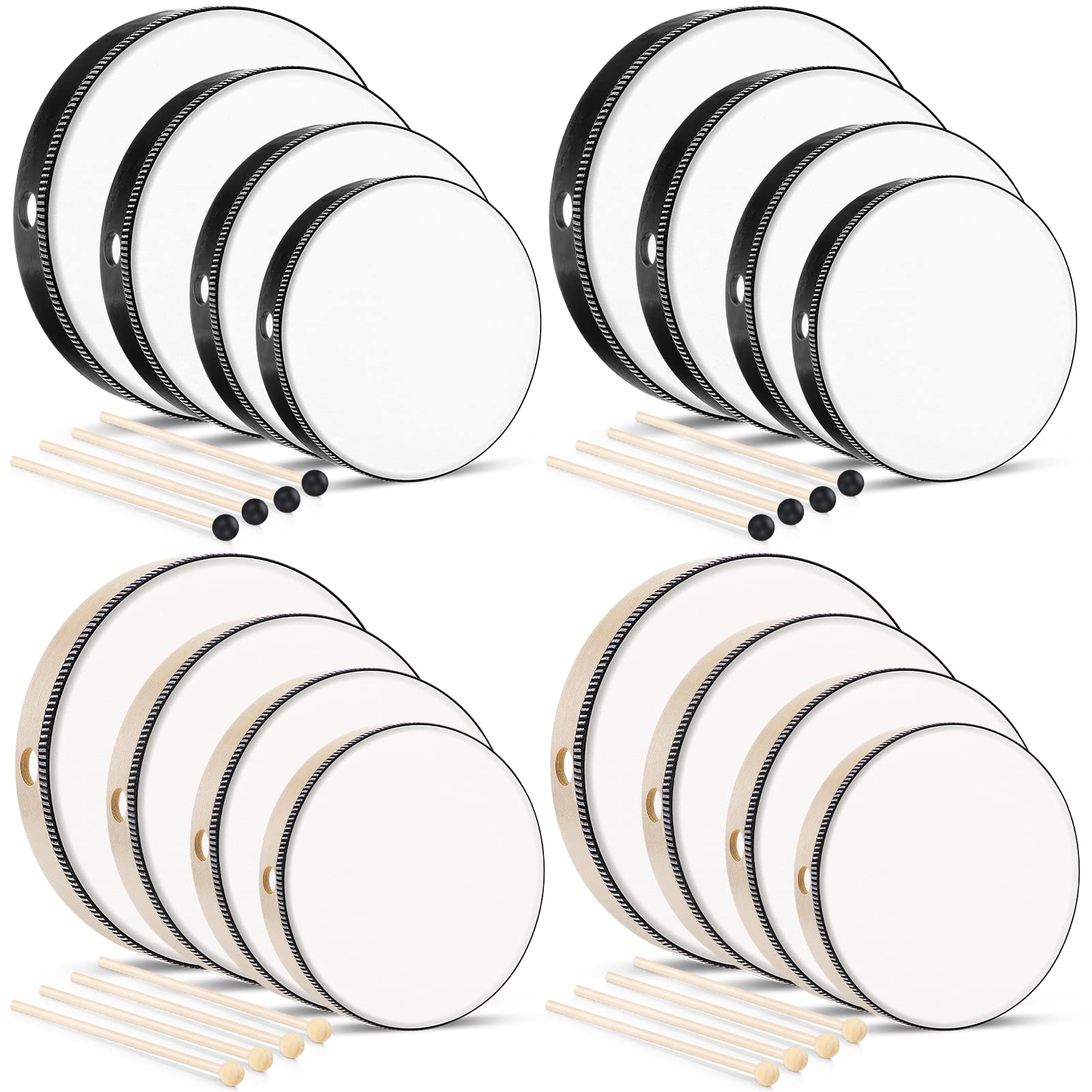 16 Pcs Kids Hand Drums Wooden Frame Drum With Drum Stick, 12 Inch 10 Inch 8 Inch 6 Inch Educational Musical Instruments For Adul