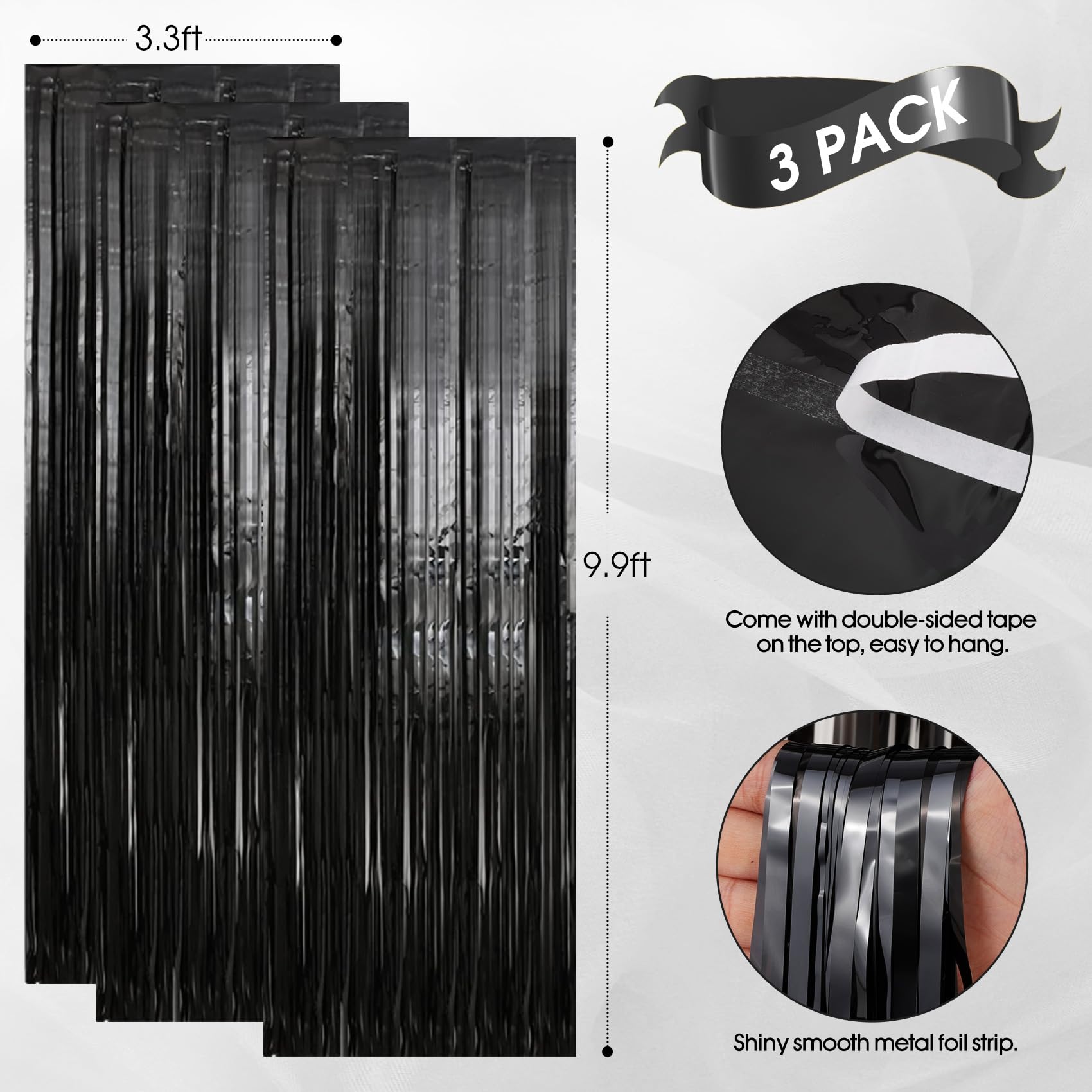 Tenlaitech 3 Pack 3.3 X 9.9 Ft Black Foil Fringe Backdrop Curtain, Streamer Backdrop Curtains, Streamers Birthday Party Decorati