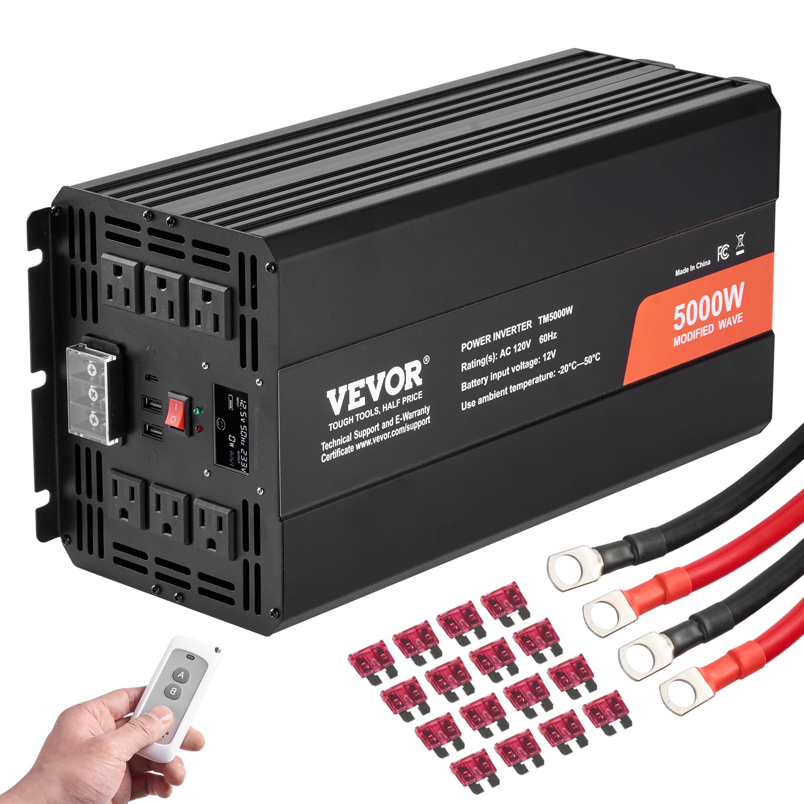 VEVOR Modified Sine Wave Inverter, 5000W, DC 12V to AC 120V Power Inverter with 6 AC Outlets 2 USB Port 1 Type-C Port, LCD Displ
