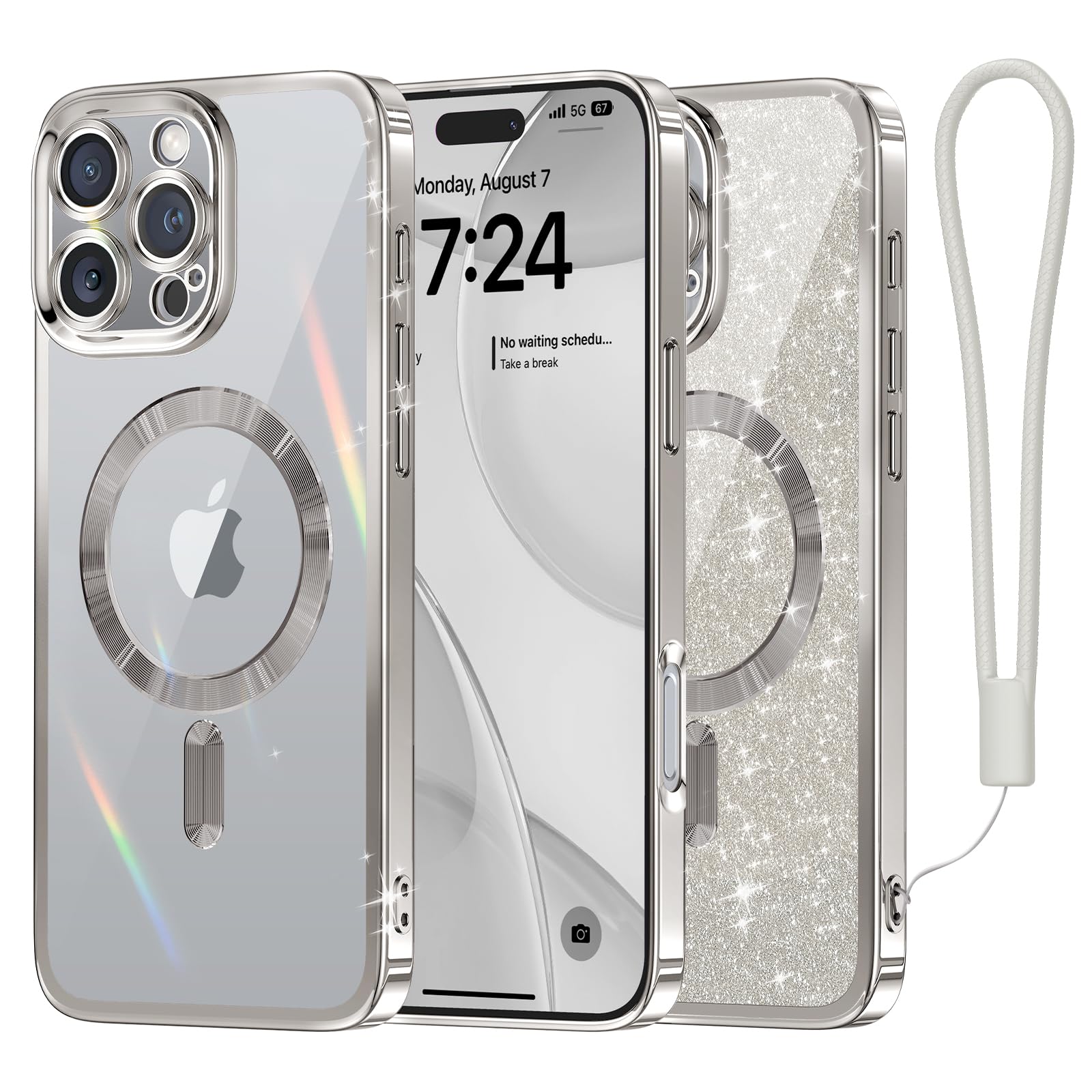 Meifigno Designed For Iphone 16 Pro Case 6.3'', [Glitter Card & Wrist Strap] [Compatible With Magsafe] Full Lens Protection Desi