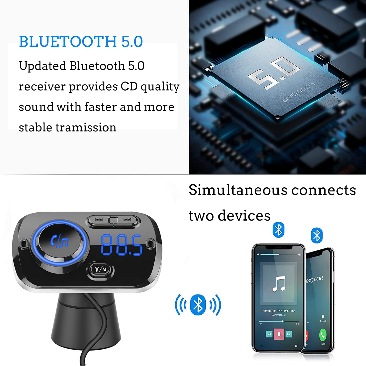 Arestech Fm Transmitter Bluetooth 5.0 Hands Free Car Kit With Quick Charge Qc 3.0 Car Radio Adapter With Microphone Cvc Noise Reduction