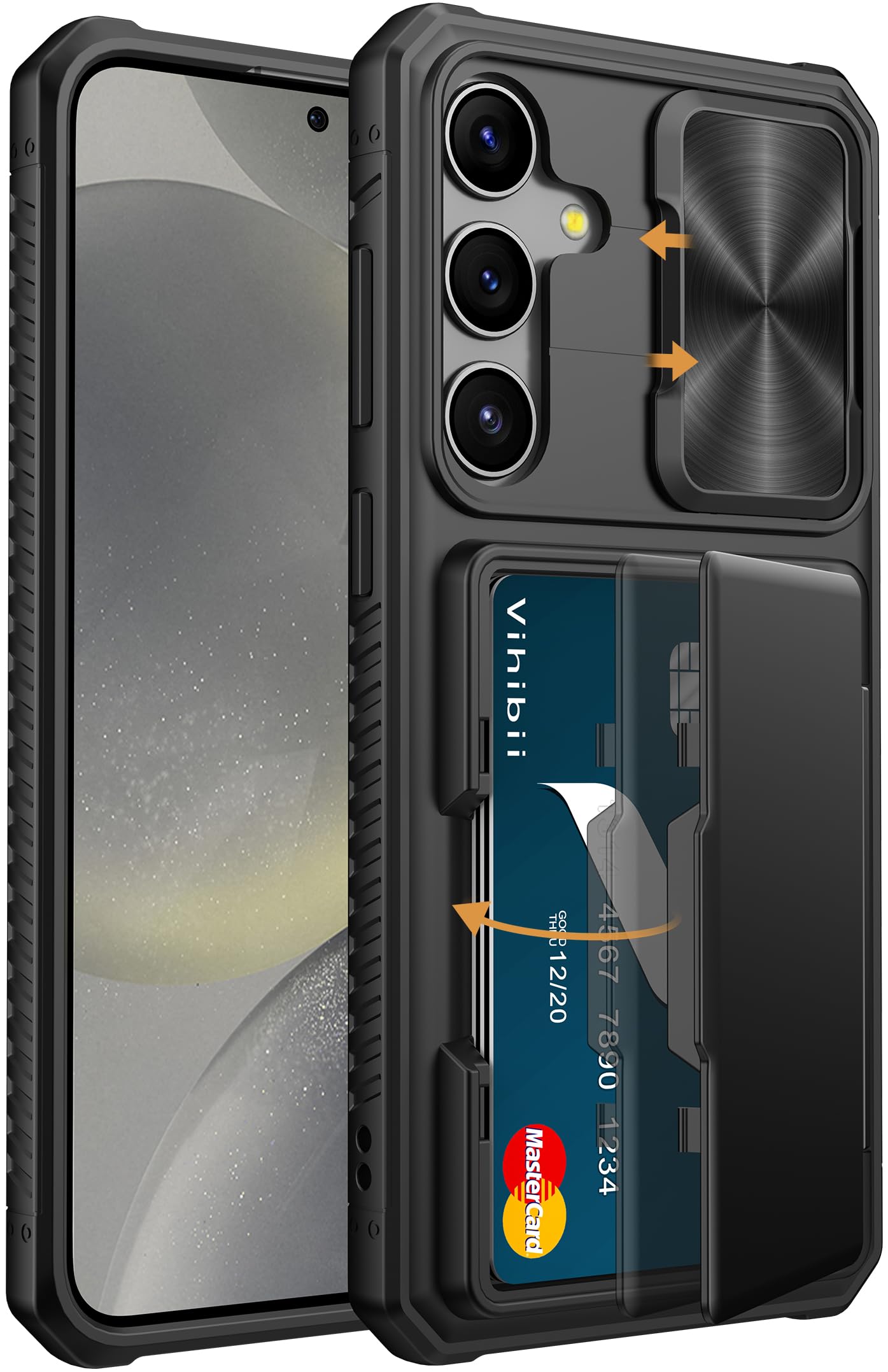 Vihibii For Samsung Galaxy S24 Plus Case With Card Holder (4 Cards) & Slide Camera Cover & Kickstand, Shockproof Rugged Hard Bac