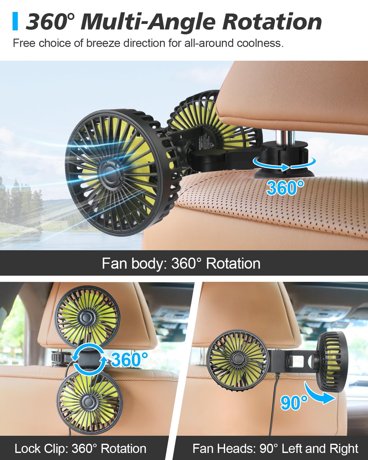 Poraxy Car Fans For Backseat Kids, Dual Head Car Fans That Blow Cold Air, Cooling Usb Back Seat 3 Speed 360 Degree Rotatable Hea