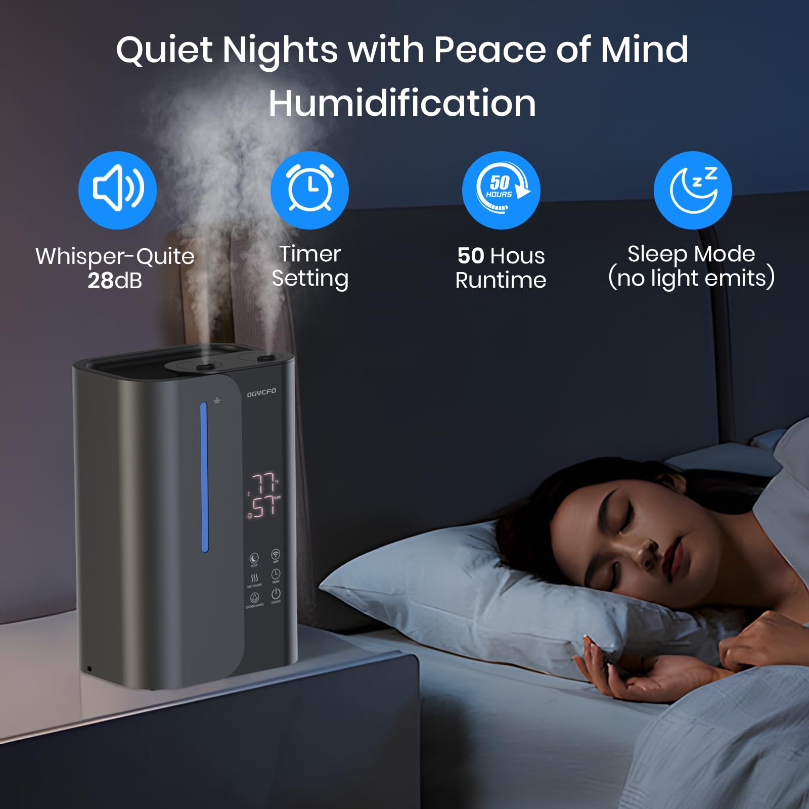 Ogacfo 5L Smart Air Humidifiers For Bedroom With Essential Oils, Top Fill 50H Runtime Cool Mist Large Humidifiers For Home Bedro