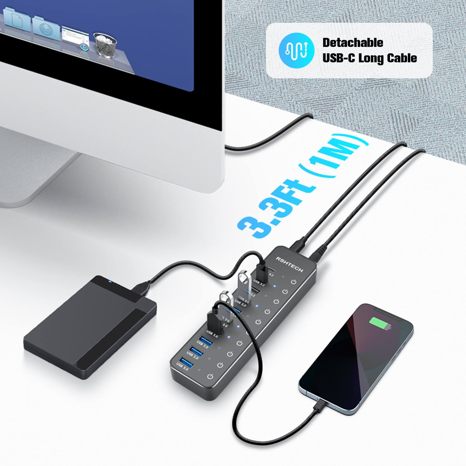 Powered Usb Hub, Rshtech 10 Port Usb 3.2/Usb C Hub 60W With 10Gbps Usb A 3.2, 2 Usb C 3.2, 7 Usb 3.0 Ports, Individual Touch Swi