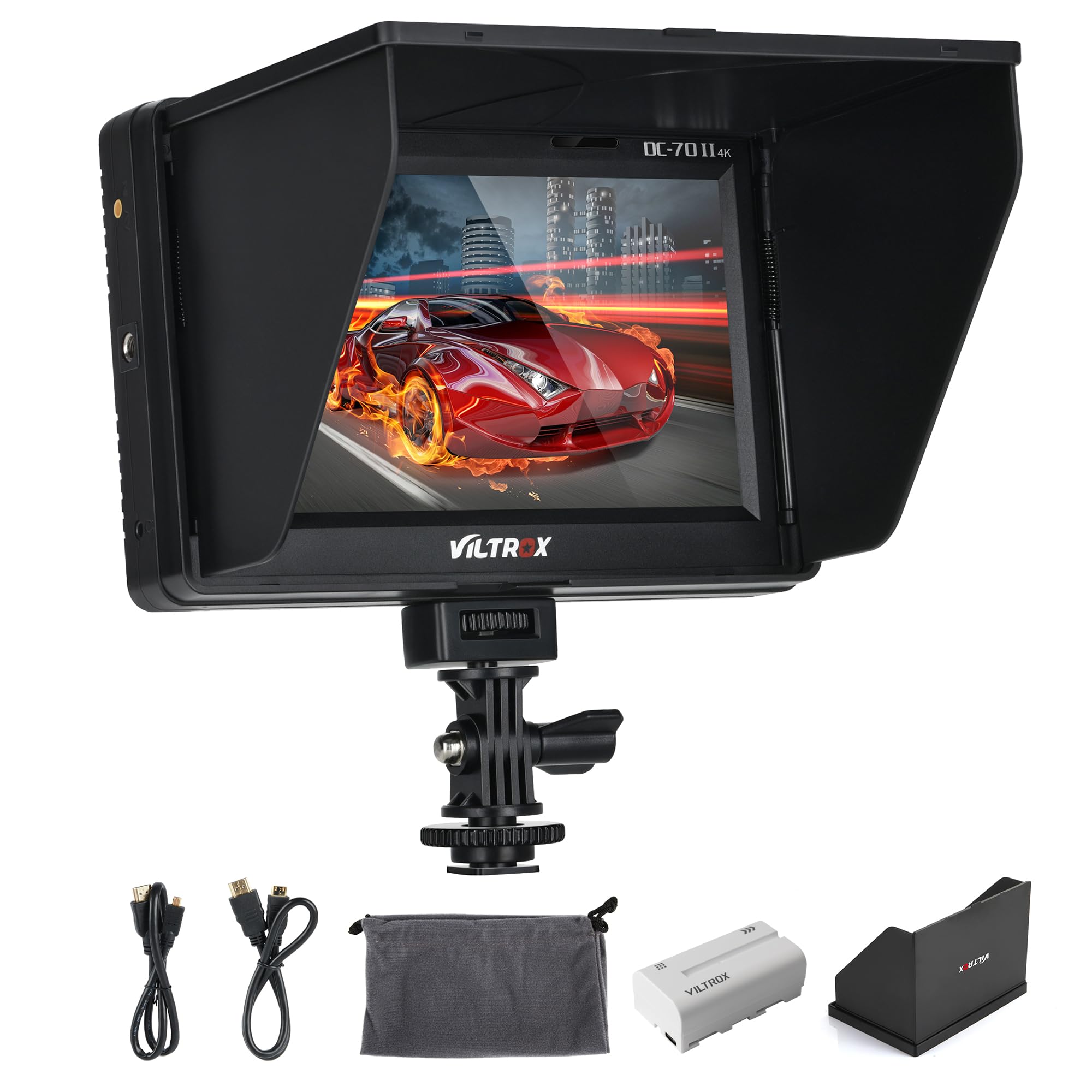 Viltrox Dc 70 Ii 7 Inch Camera Field Monitor, 4K Hdmi Av Input/Output Camera Video Monitor Kit With Sunshade Hood/Battery, Peaki