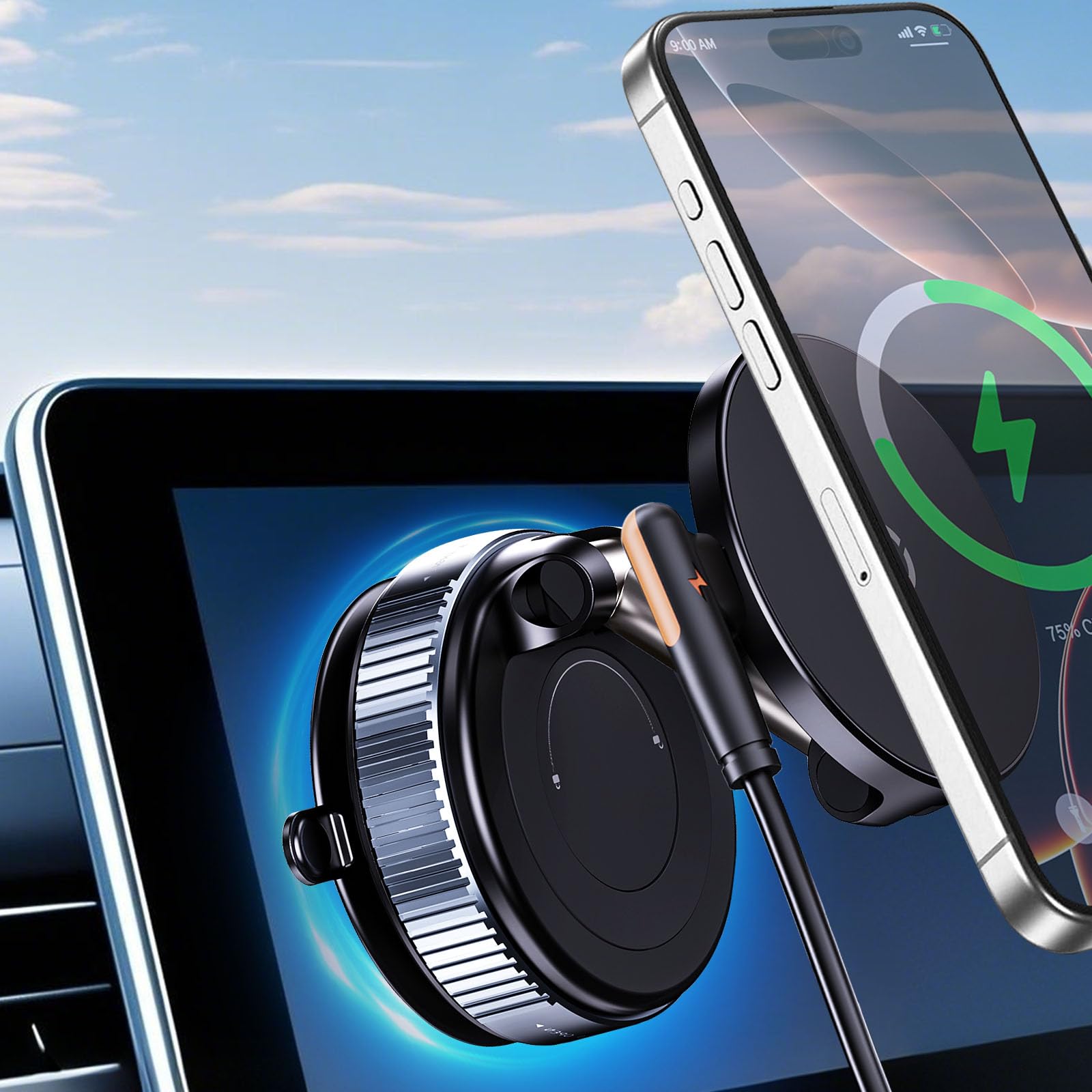 Jkoailiwi 15W Wireless Charger Vacuum Magnetic Phone Holder for Magsafe, 360 Adjustable Suction Cup Phone Mount for Car Dashboar