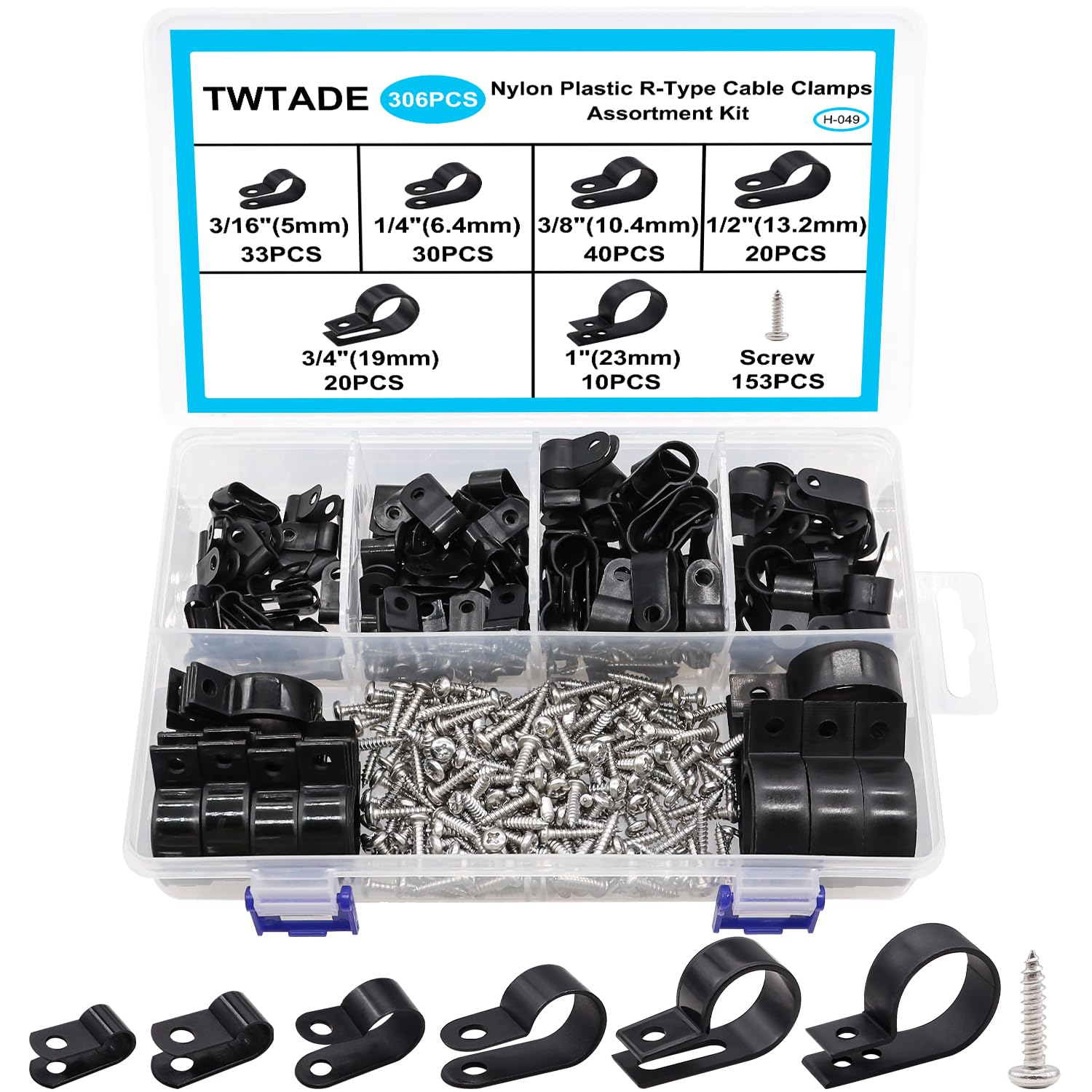 Twtade 306Pcs Black Cable Clamps Nylon Plastic R Type 6 Sizes 3/16'' 1/4'' 3/8'' 1/2'' 3/4'' 1'' Cable Mounting Wire Clips Assor