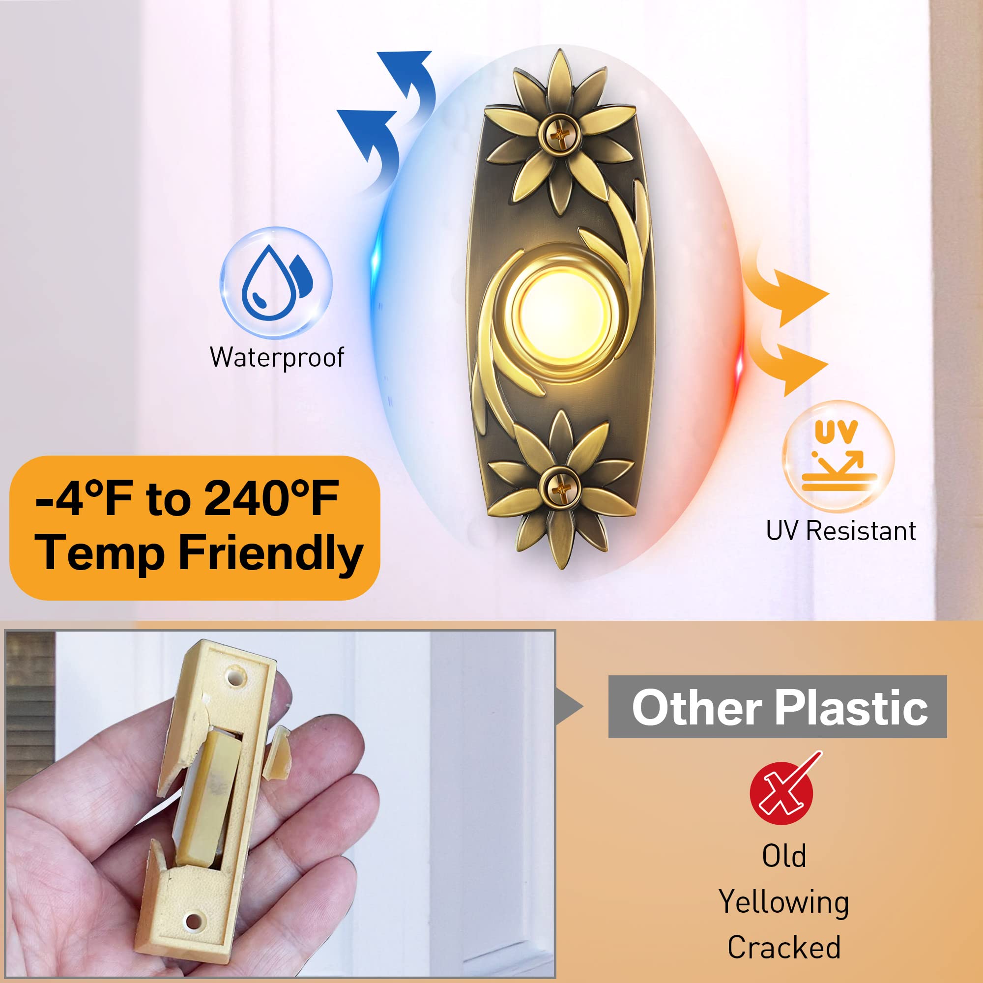 Heavy Duty Metal Doorbell Push Button, Antique Brass Bronze Wired Doorbell Button Led Lighted Up Doorbell For Home Front Door (A