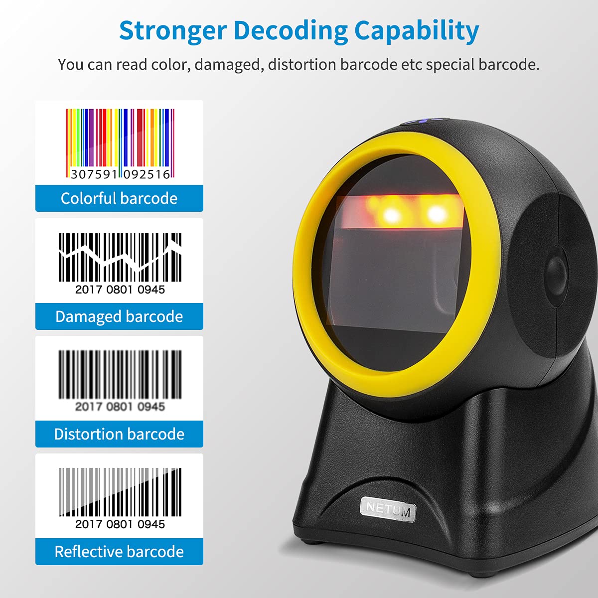 Netum 1D 2D Desktop Barcode Scanner Omnidirectional Hands Free Barcode Reader Capture Barcodes From Screen, Automatic Image Sens
