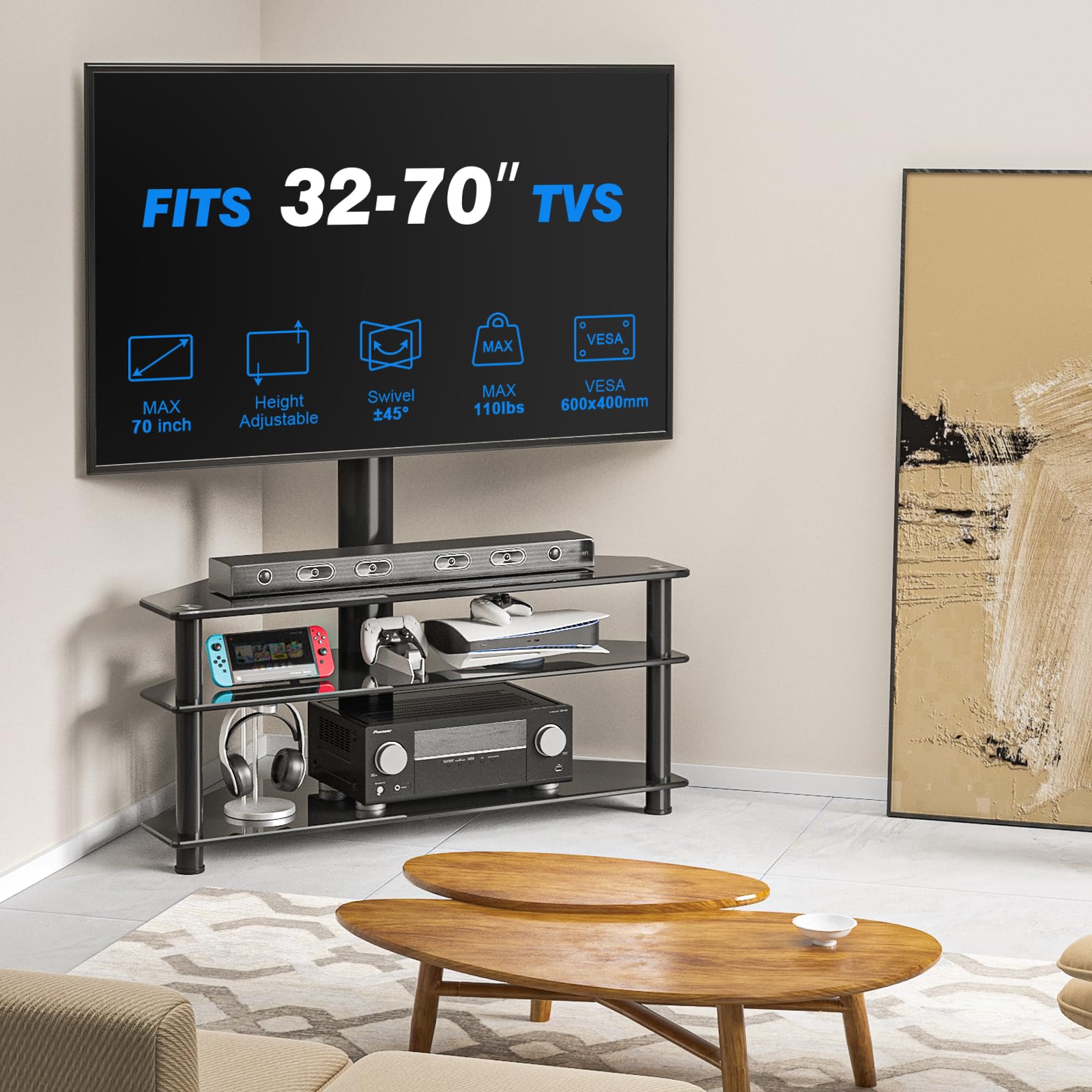 Rfiver Corner Swivel Glass TV Stand with Mount for 32-70" TVs, Adjustable Height, Black, Tempered Glass, 3-Tier Storage
