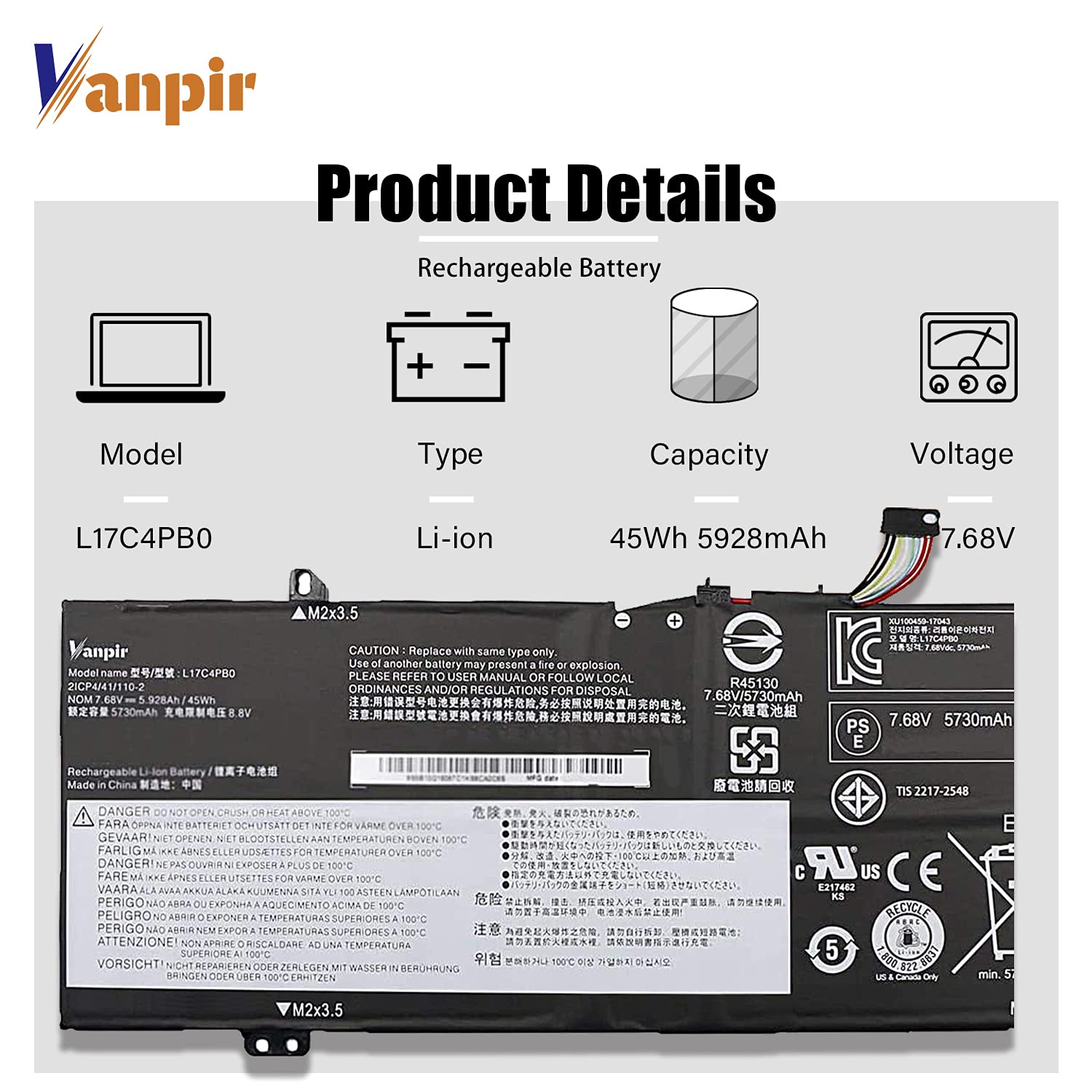 Vanpir L17C4Pb0 Laptop Battery, 7.68V 45Wh 5928Mah Compatible With Lenovo Flex 6 14Ikb 14Arr 530S 14Arr 530S 14Ikb 530S 15Ikb Se