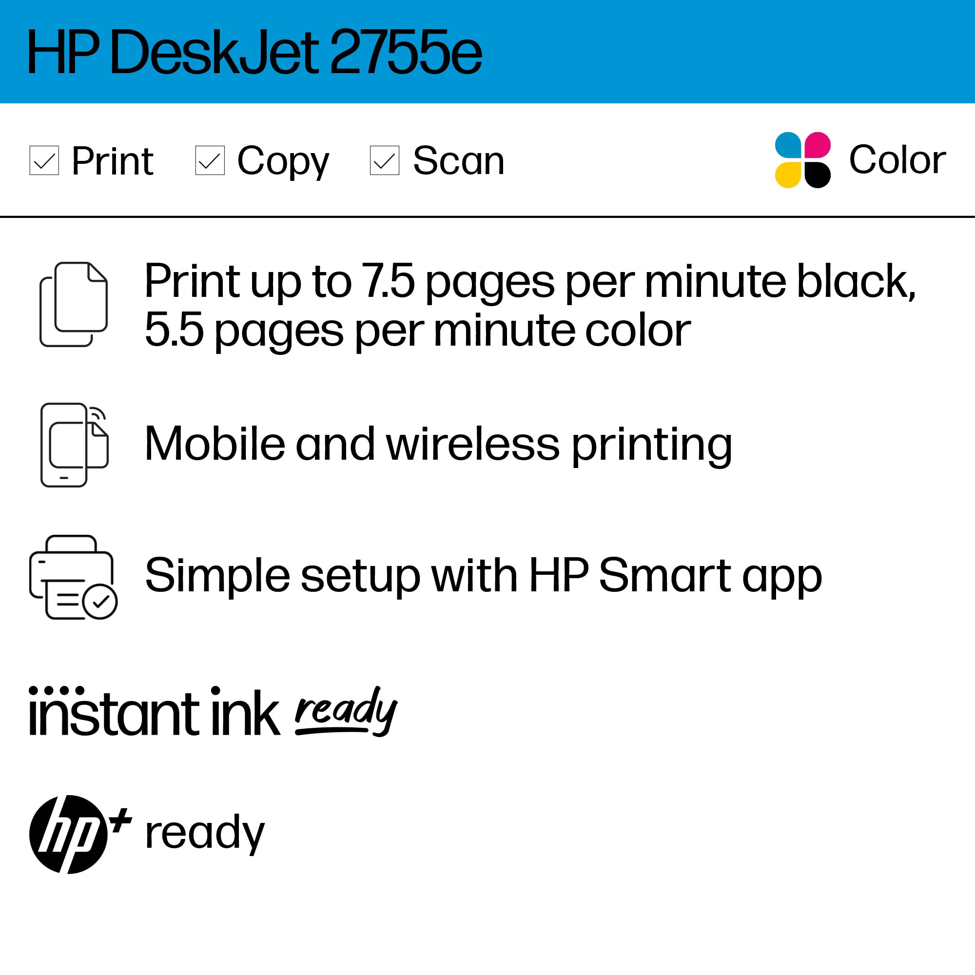Hp Deskjet 2755E Wireless Color All In One Printer With Bonus 6 Months Instant Ink With Hp+ (26K67A), White