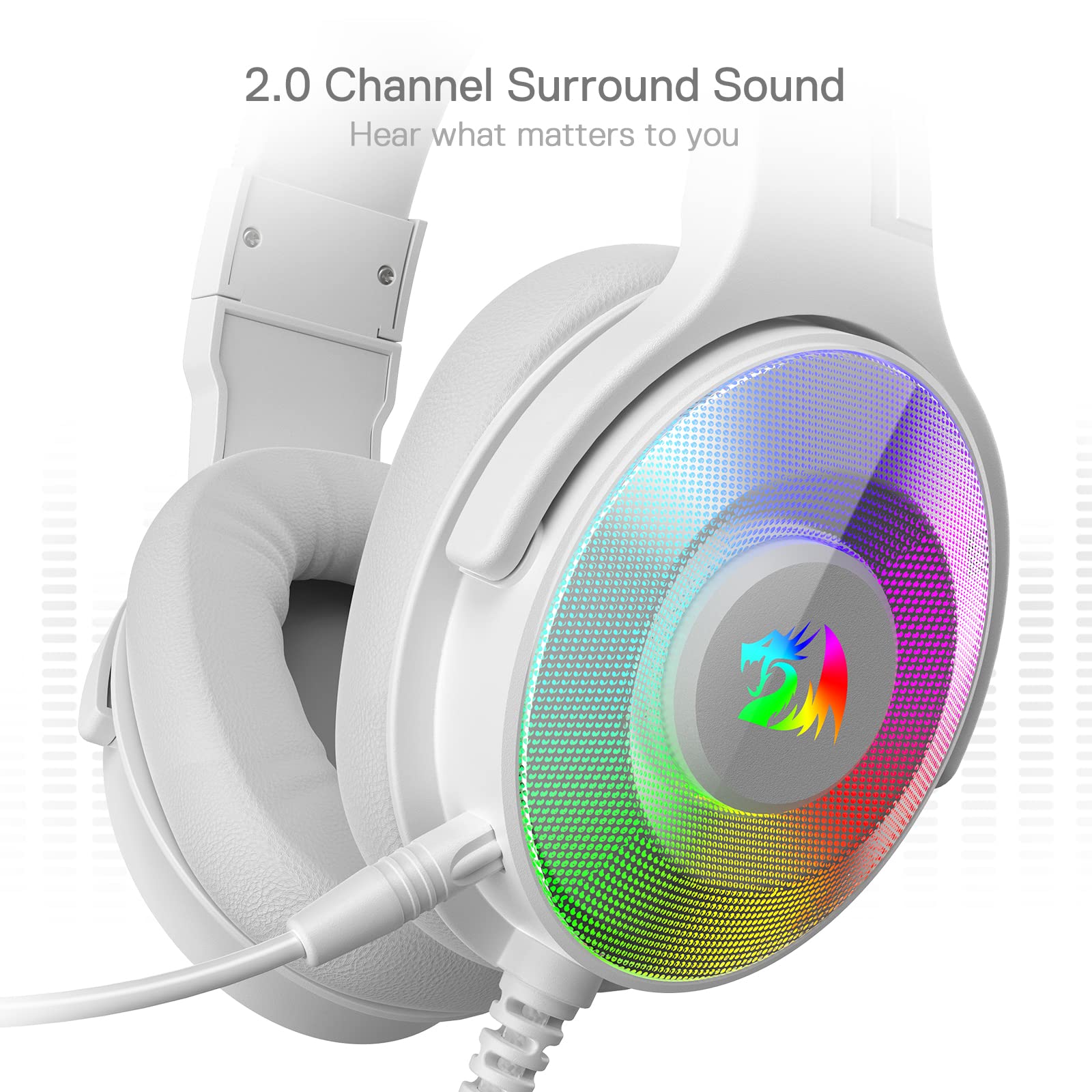 Redragon H350 White Wired Gaming Headset, Dynamic Rgb Backlight - Stereo Surround-Sound - 50Mm Drivers - Detachable Microphone,