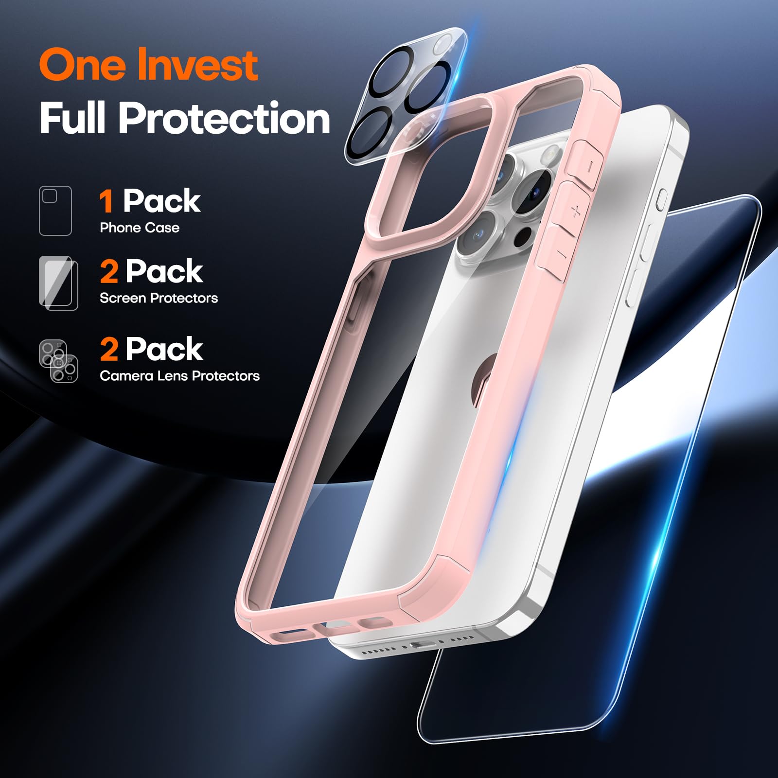 Tauri 5 In 1 For Iphone 15 Pro Max Case, With 2X Hd Screen Protectors + 2X Camera Lens Protectors, [Military Grade Drop Protecti