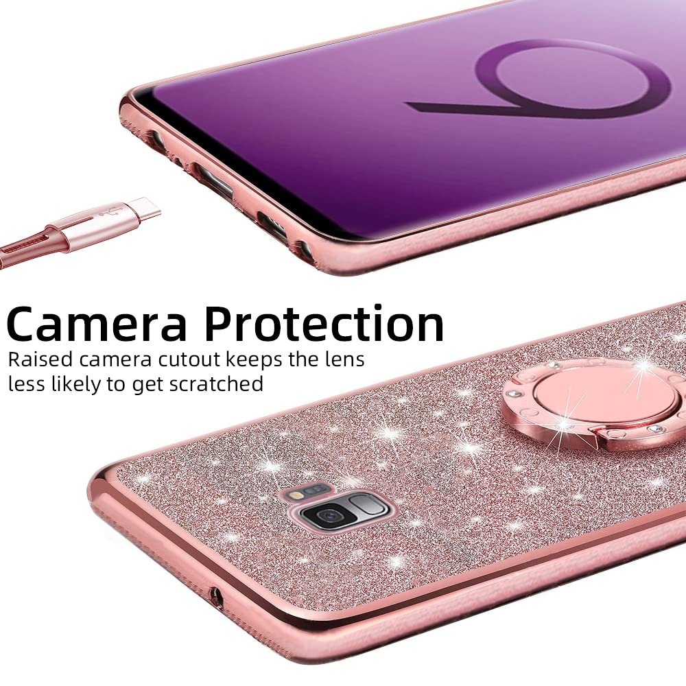 B Wishy For Samsung Galaxy S9 Glitter Crystal Butterfly Heart Floral Slim Tpu Luxury Bling Cute Protective Cover With Kickstand+