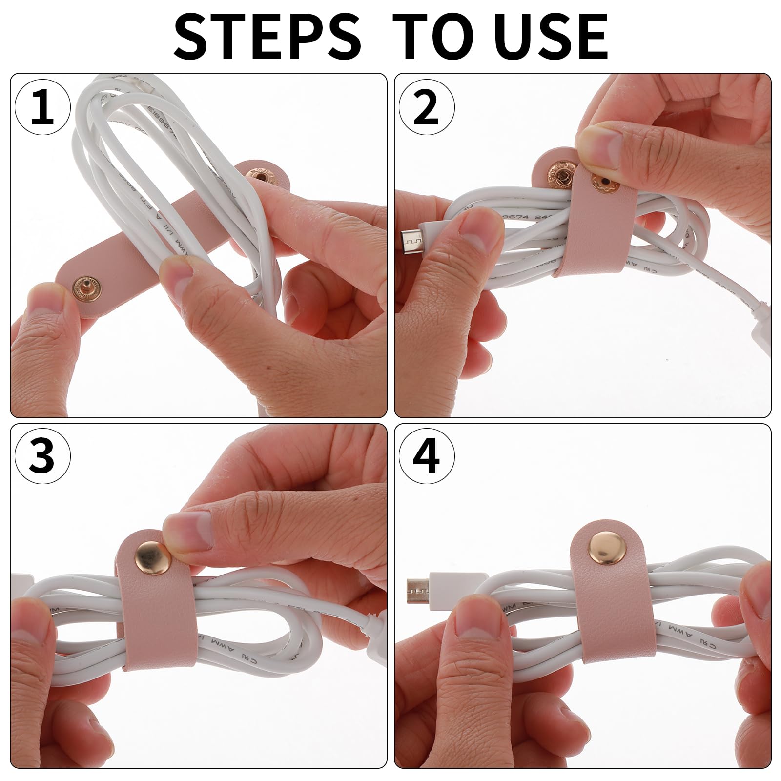 Thinp 6 Pieces Reusable PU Leather Cord Organizer Cable Straps White Pink Green 8.3x2cm