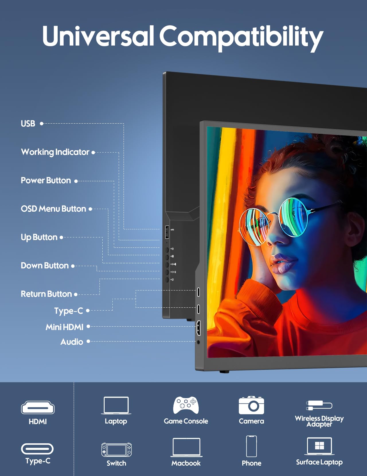 Hongo 18.5 Inch 100Hz Portable Monitor 1080P, Large Portable Monitor Stand, Fhd Ips Screen Hdr Gaming Display, Travel Second Mon