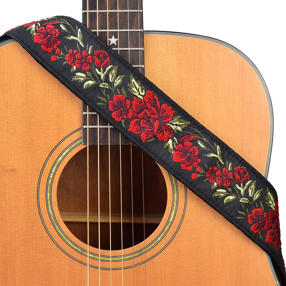 Cloudmsusic Guitar Strap Acoustic Classical Bass Electric 2'' Wide Strap With Jacquard Embroider Pattern For Adult Kids(Red Rose