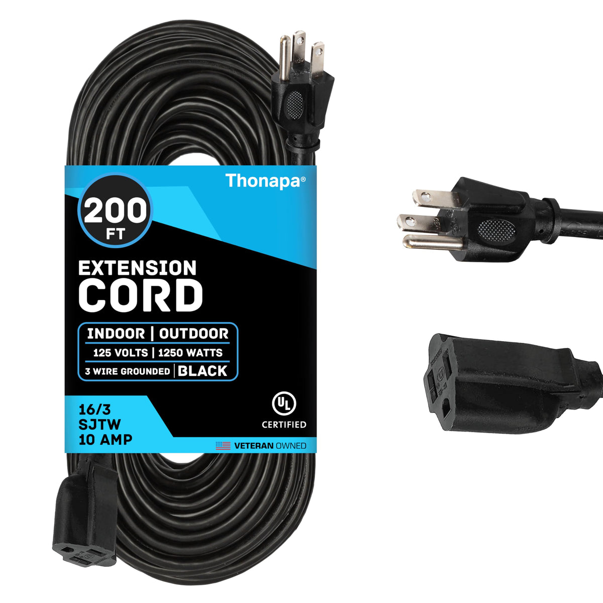 Thonapa Weatherproof Black Extension Cord 200 Ft, 16/3 Christmas Light Extension Cord Outdoor 200 Foot 3 Prong, 16/3 Sjtw Long E