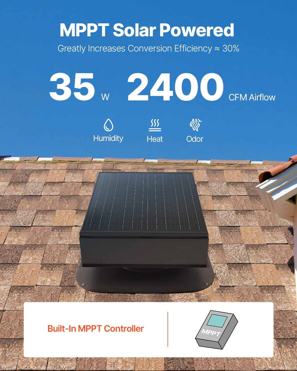 Vevor Roof Attic Exhaust Fan, 35W Smart Solar Roof Ventilation Fan With Built-In Thermostat, 2400 Cfm Airflow Built-In Brushless