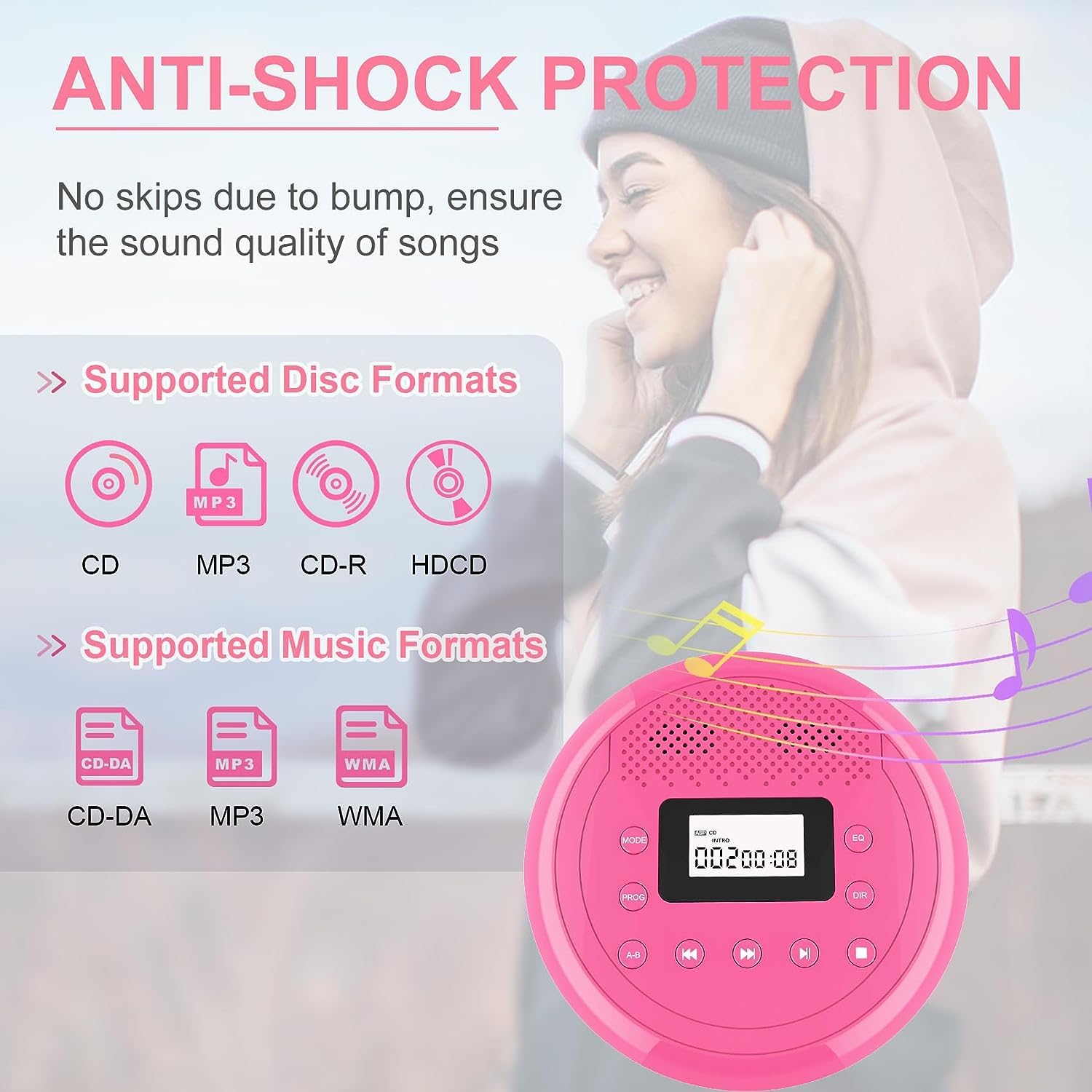 Monodeal Cd Player Portable, Rechargeable Cd Player With Speakers, Anti Skip Cd Player For Car And Home, Walkman Cd Player With Headphones For Audio Book Music (Rose Red)