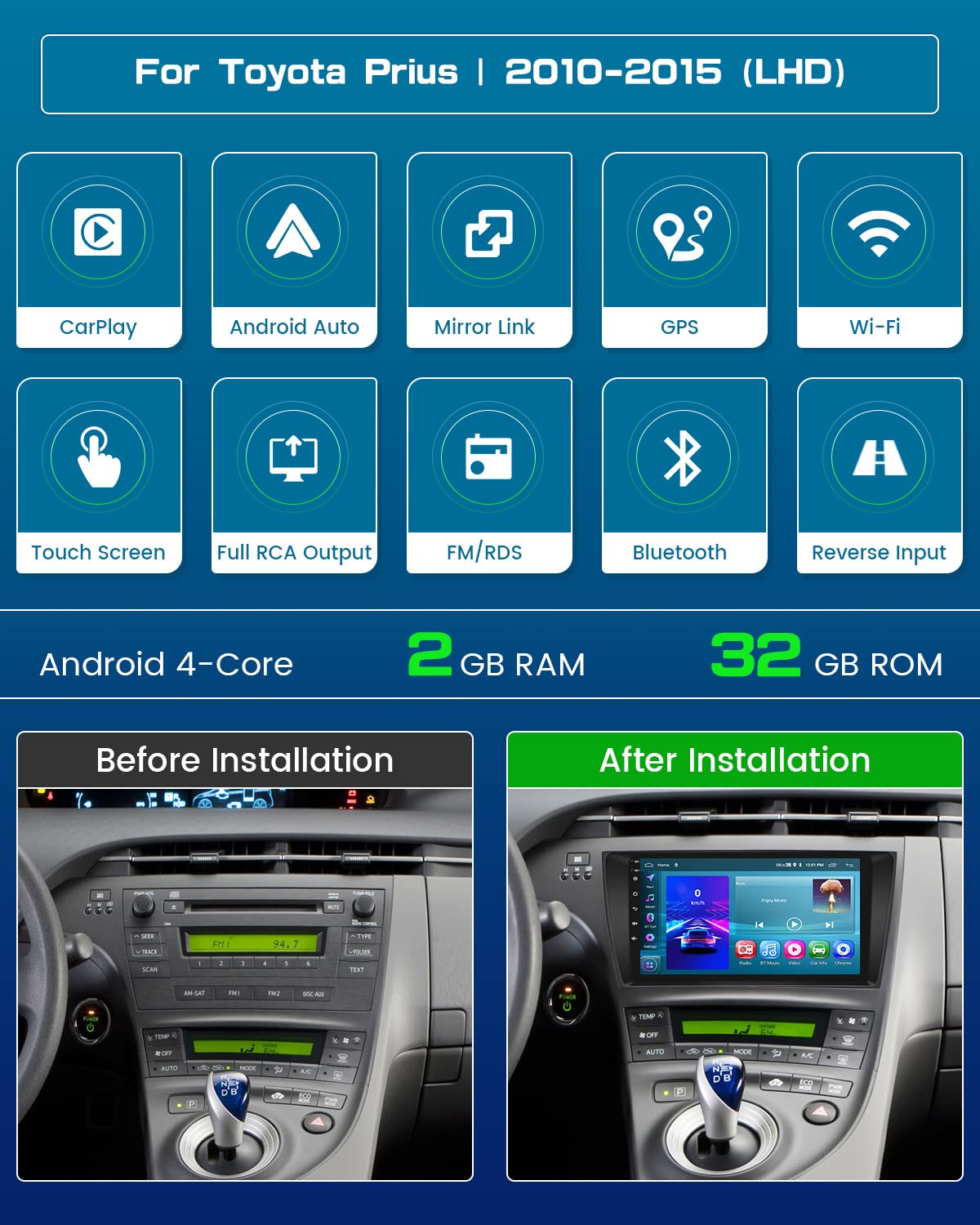 Roinvou 2+64G Android Carplay Stereo For 2010 2015 Toyota Prius(Lhd), Built In Wireless Carplay With Android Auto, 9'' Touchscre