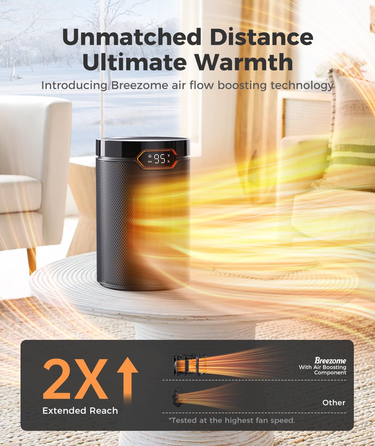 Breezome Space Heater, Portable Electric Heaters For Indoor Use With Thermostat & 24H Timer, 1500W Ptc Ceramic Quiet Fast Heatin