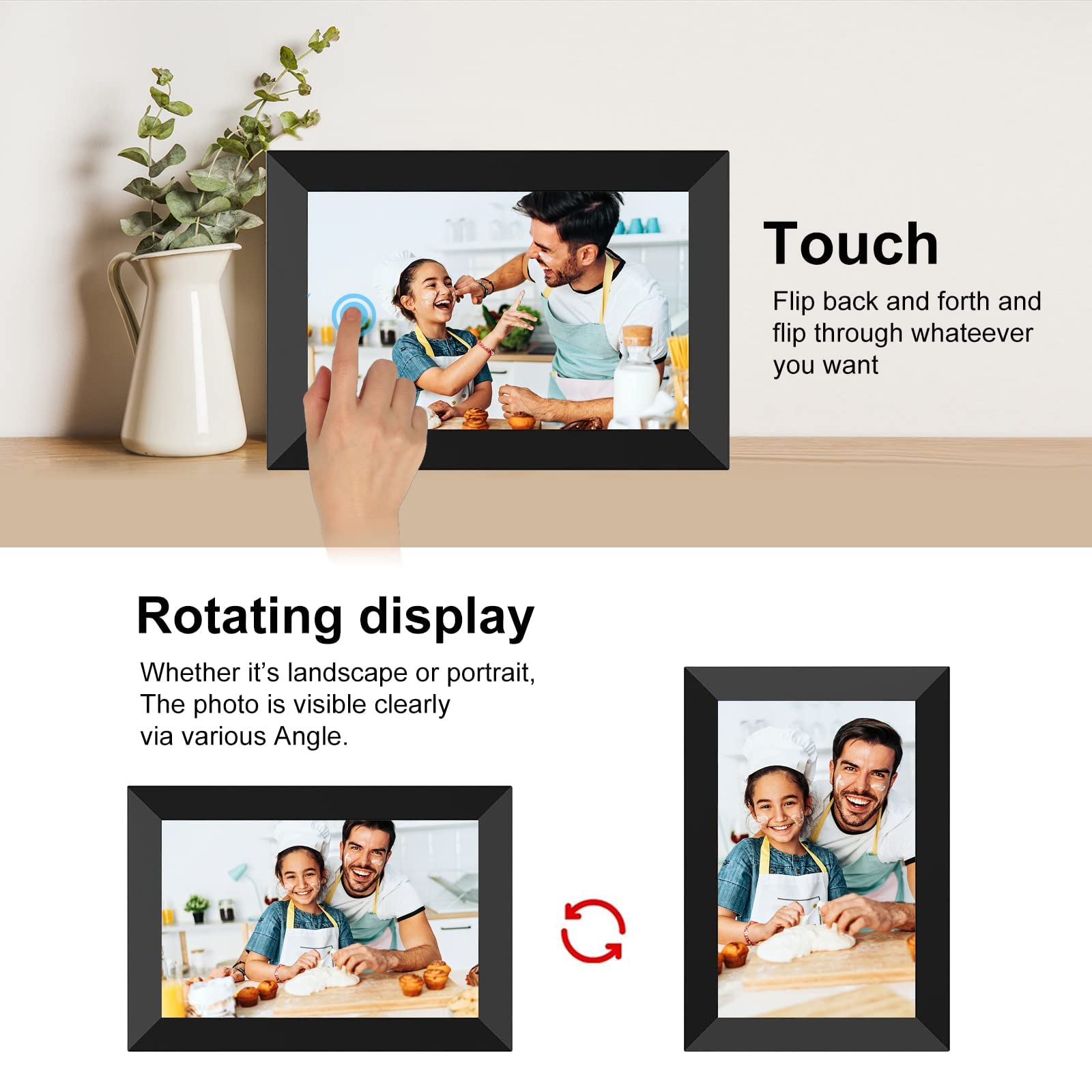 Yenock Frameo Digital Photo Frame Wifi 10.1 Inch Hd Ips Lcd Touch Screen, 16Gb Memory, Auto Rotate, Wall Mountable, Easy Setup T
