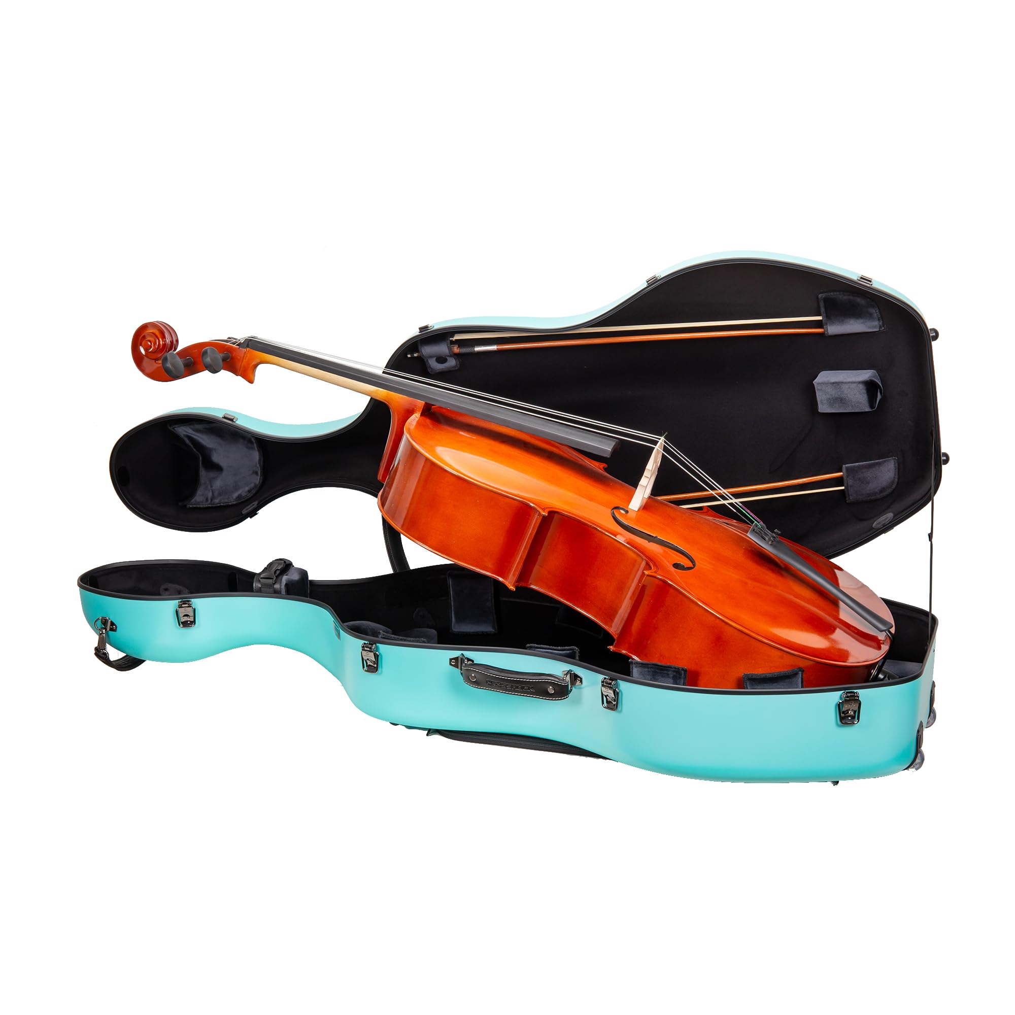Crossrock Poly Carbon Cello Case for 4/4 Full Size | Mint Blue Matte Finish, Black Velvet Interior, Wheels, Music Pouch - Lightw