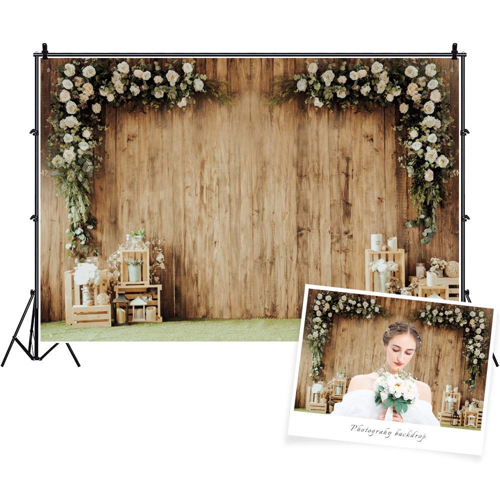 Dashan 10X8Ft Polyester Wedding Backdrop Rustic Floral Flower Wood Wall Backdrop Bridal Shower Reception Ceremony Photography Ba