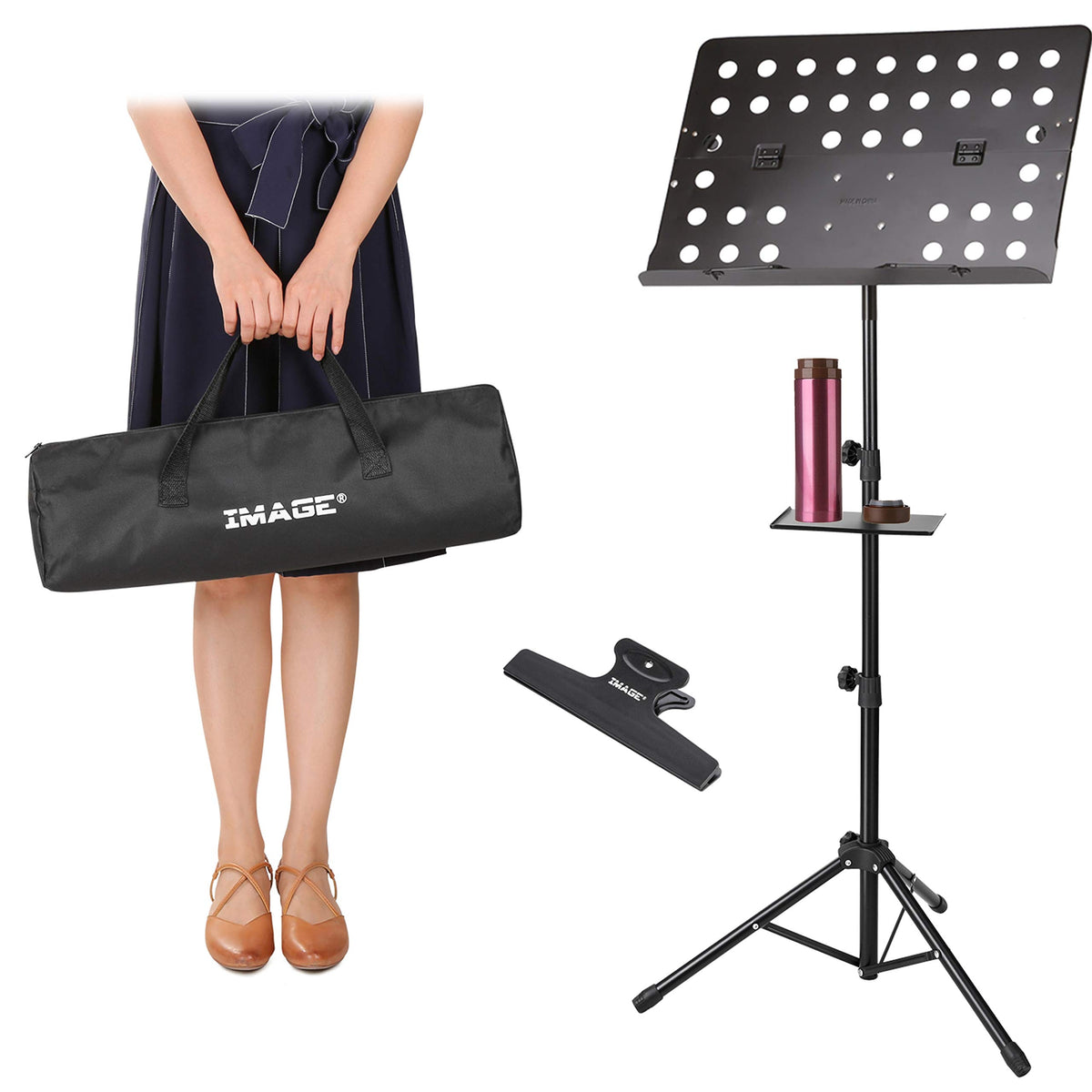 IMAGE Music Stand, 21.6-63 Inch Sheet Music Stand Adjustable and Foldable Travel Metal Music Stand with Carrying Bag Music Tray 