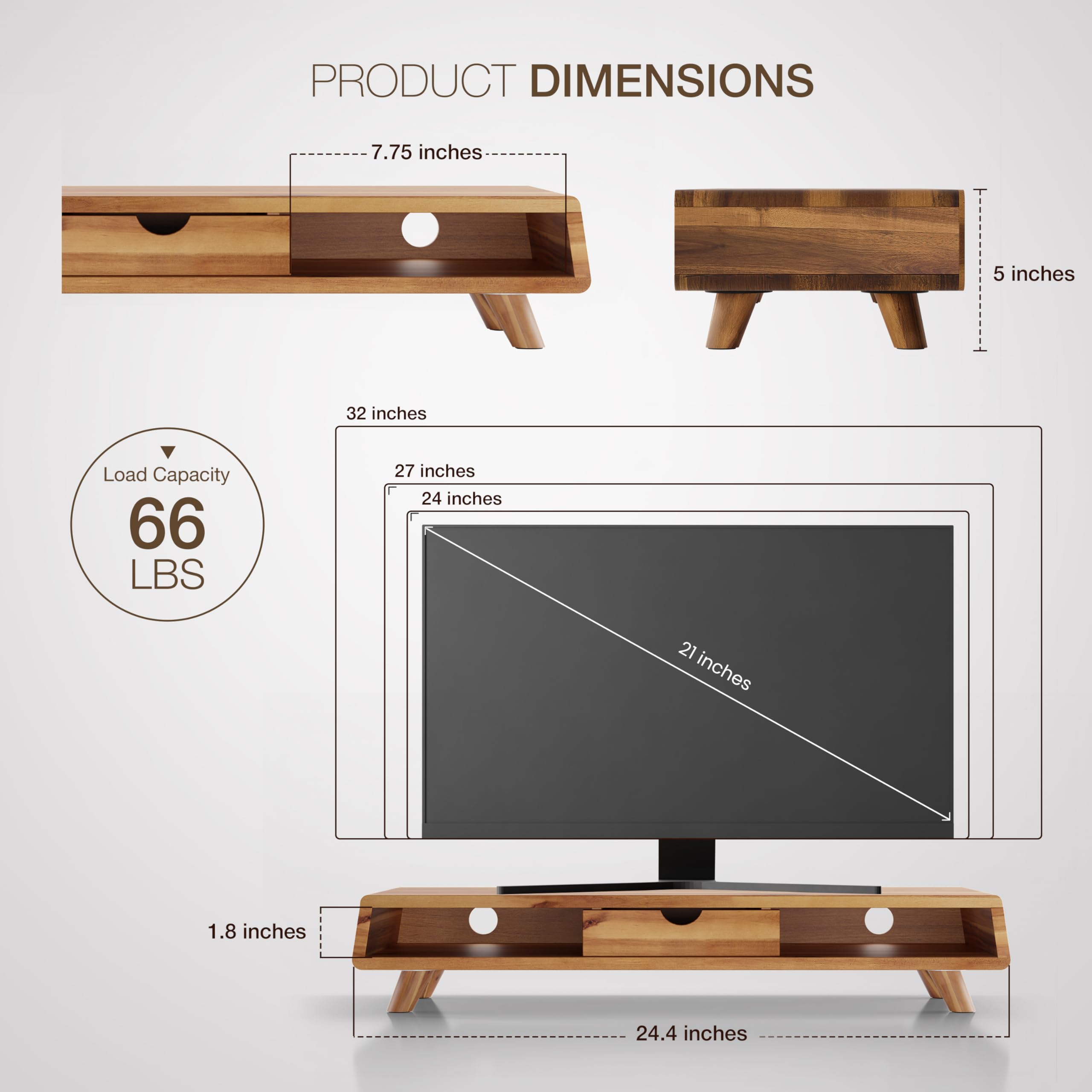 Tinamo Acacia Wood Monitor Stand With Drawer   Wooden Monitor Riser For Desk   Computer Monitor Stand For Desk   Multi Purpose D