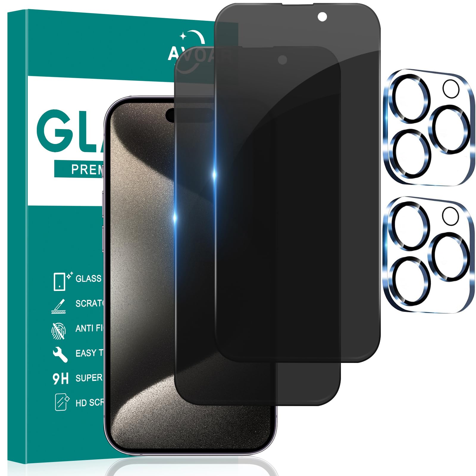 Avoar [2+2 Pack Privacy Screen Protector For Iphone 15 Pro With Camera Lens Protector, 6.1 Inch Tempered Full Screen Glass Acces