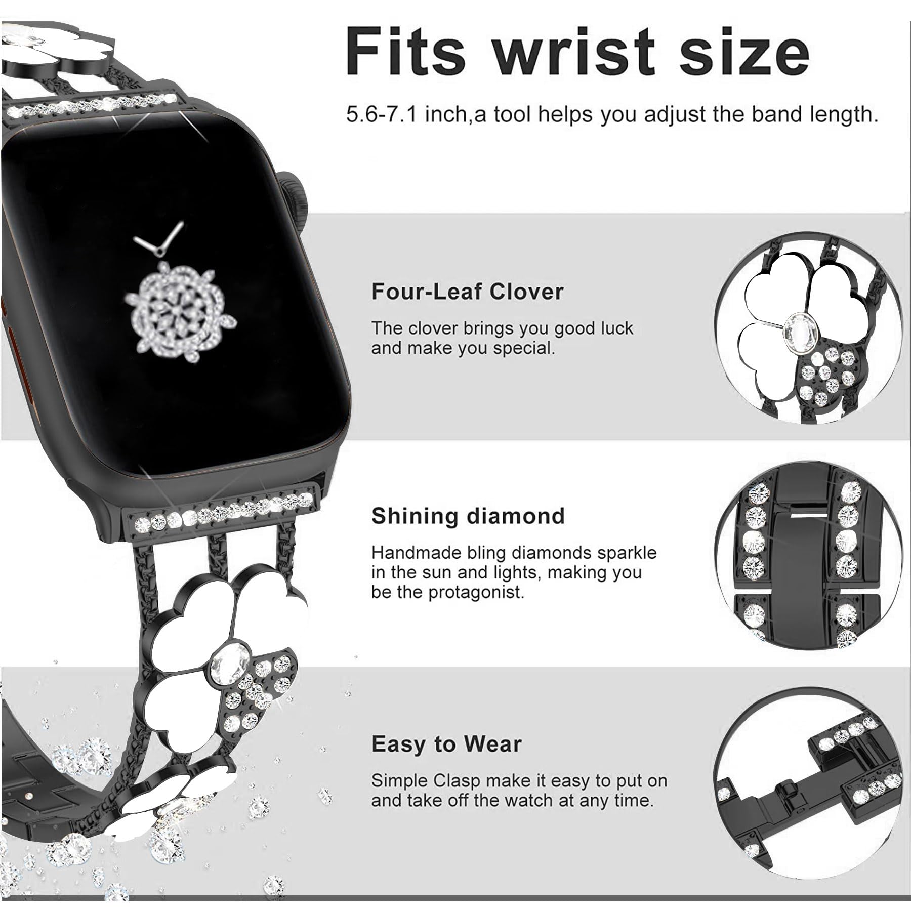 Kolgios 40/41Mm Black/White Women Fashion Four Leaf Clover Lucky Smartwatch Band Compatible For Apple Watch Series 9/8/7/Se/6/5