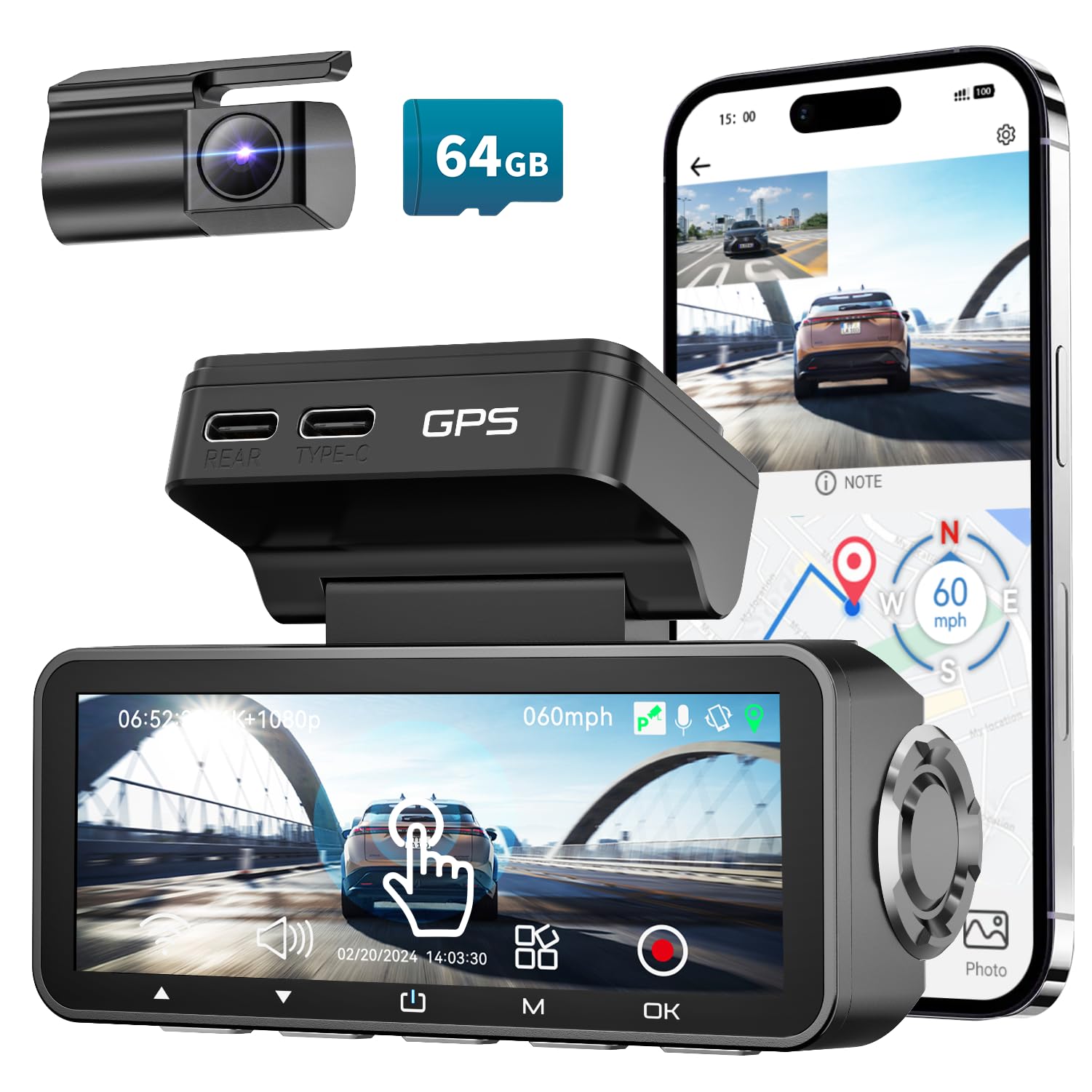 Focuway Dash Cam Front And Rear, Touch Screen, 4K 30Fps/2K 60Fps+1080P 30Fps Dash Camera For Car, Voice Control, Built In Gps Wi