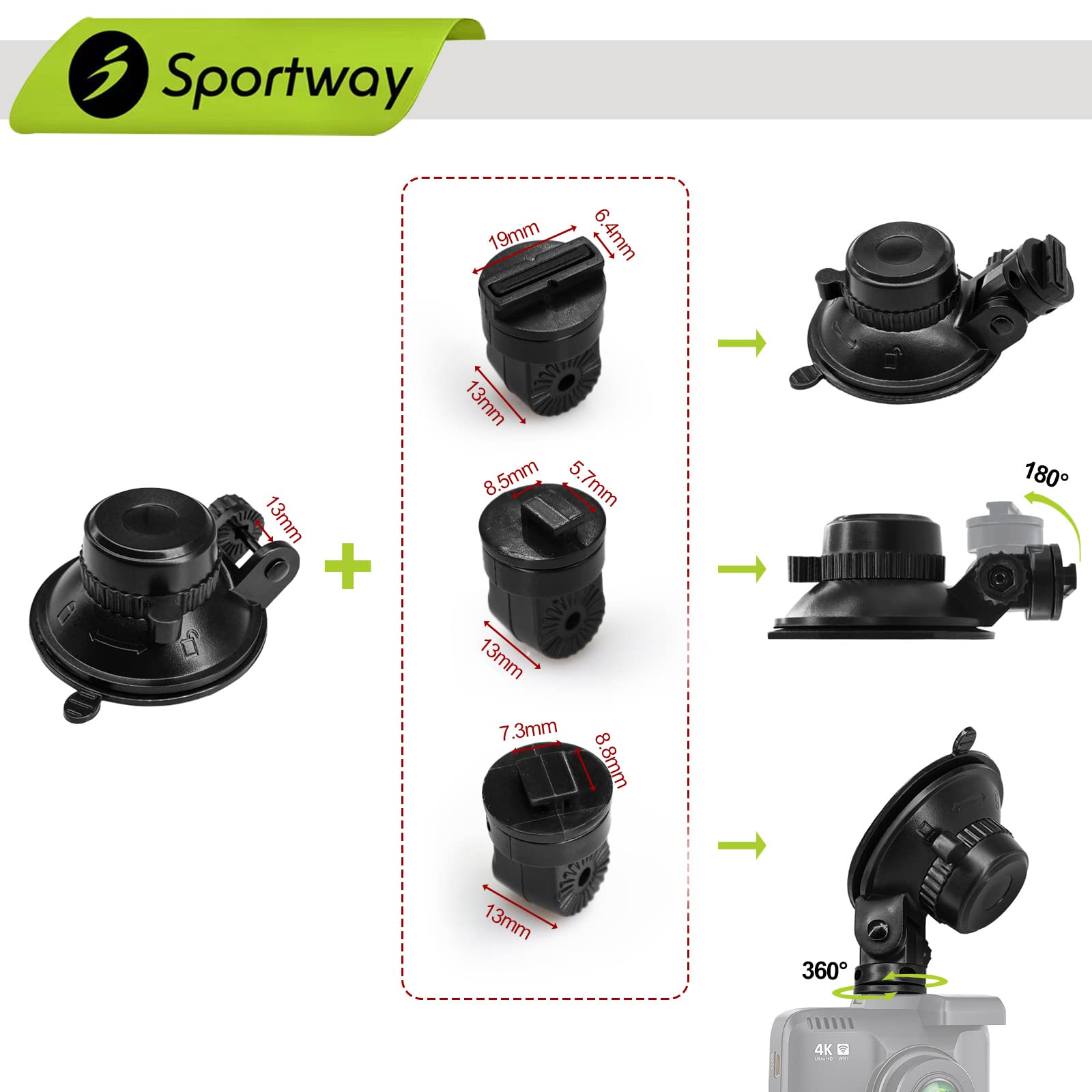 Sportway S503 Suction Cup Dash Cam Mount Holder (5Th Gen) With 3Pcs 360 Rotating Joints For Rove Nexar Z Edge Kingslim Iiwey Niu
