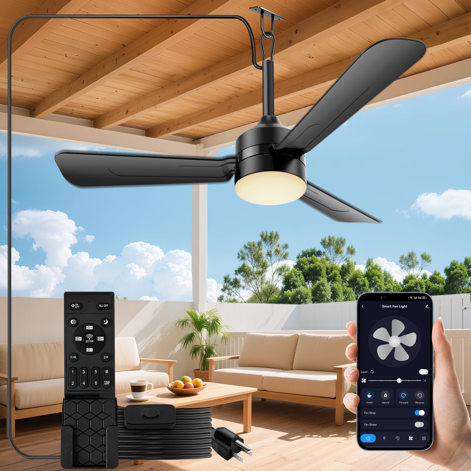 PBLALA Ceiling Fans with Lights,36.5 Plug in Ceiling Fan Light,Gazebo Fan Light,LED Fan Light Hanging with Hook,Hook Type Fan,45