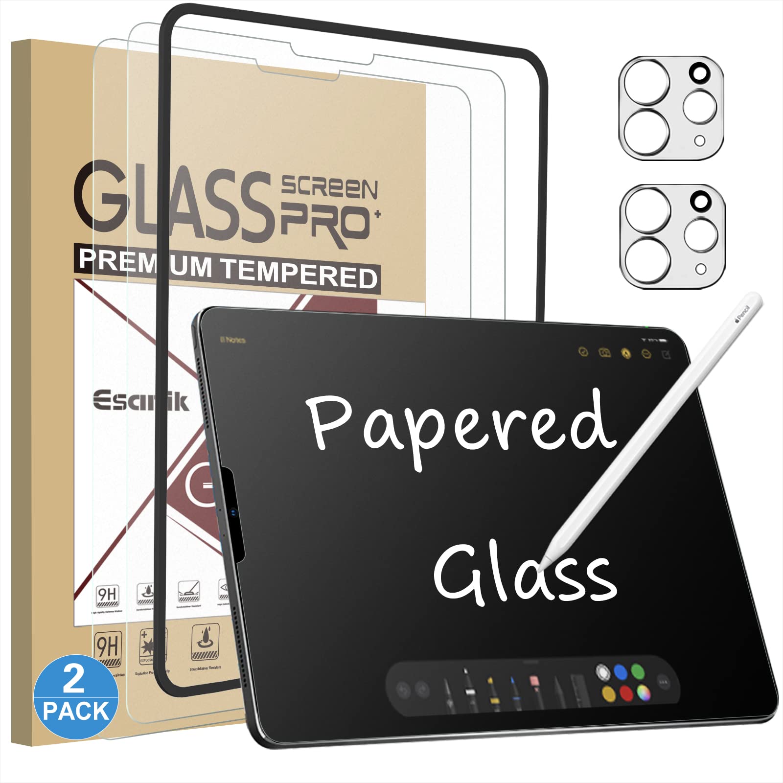 Esanik [2+2 Pack 9H Tempered Papered Glass Screen Protector For Ipad Air 5 2022/Air 4 10.9 Inch/Ipad Pro 11 Inch 2022 With Camer