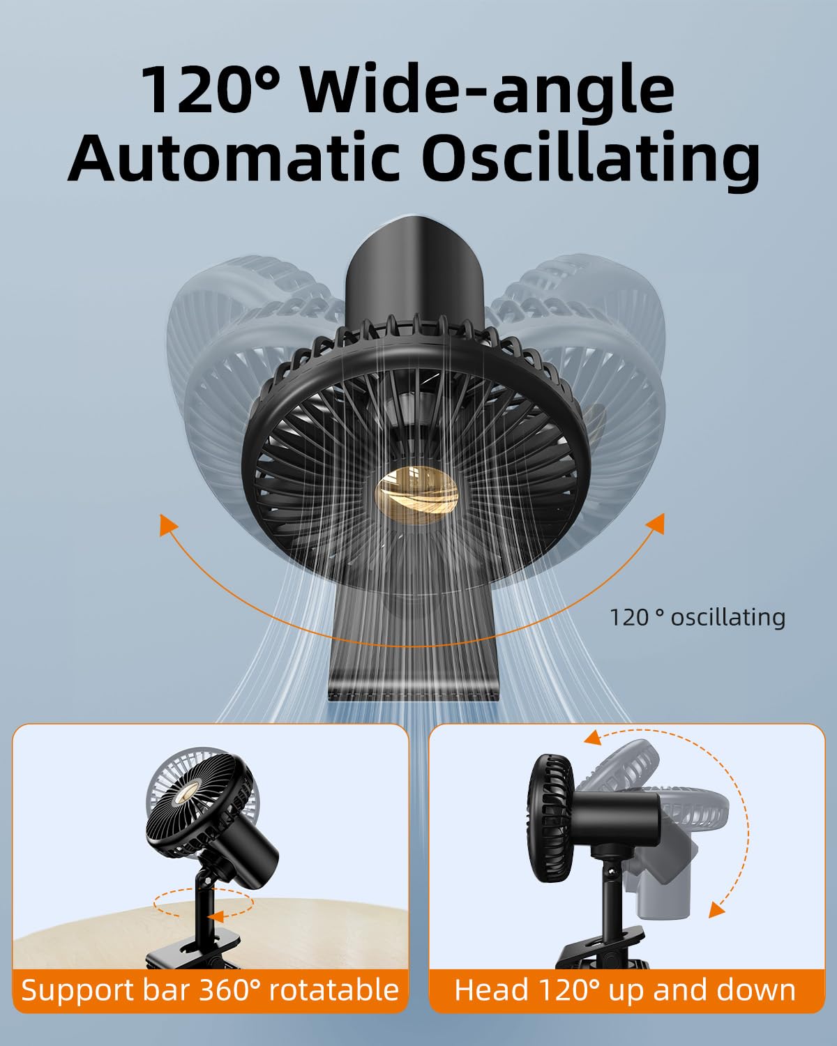 DICMKY Oscillating USB Car Fan Rechargeable 3-Speed with Colorful Light Black Plastic Portable
