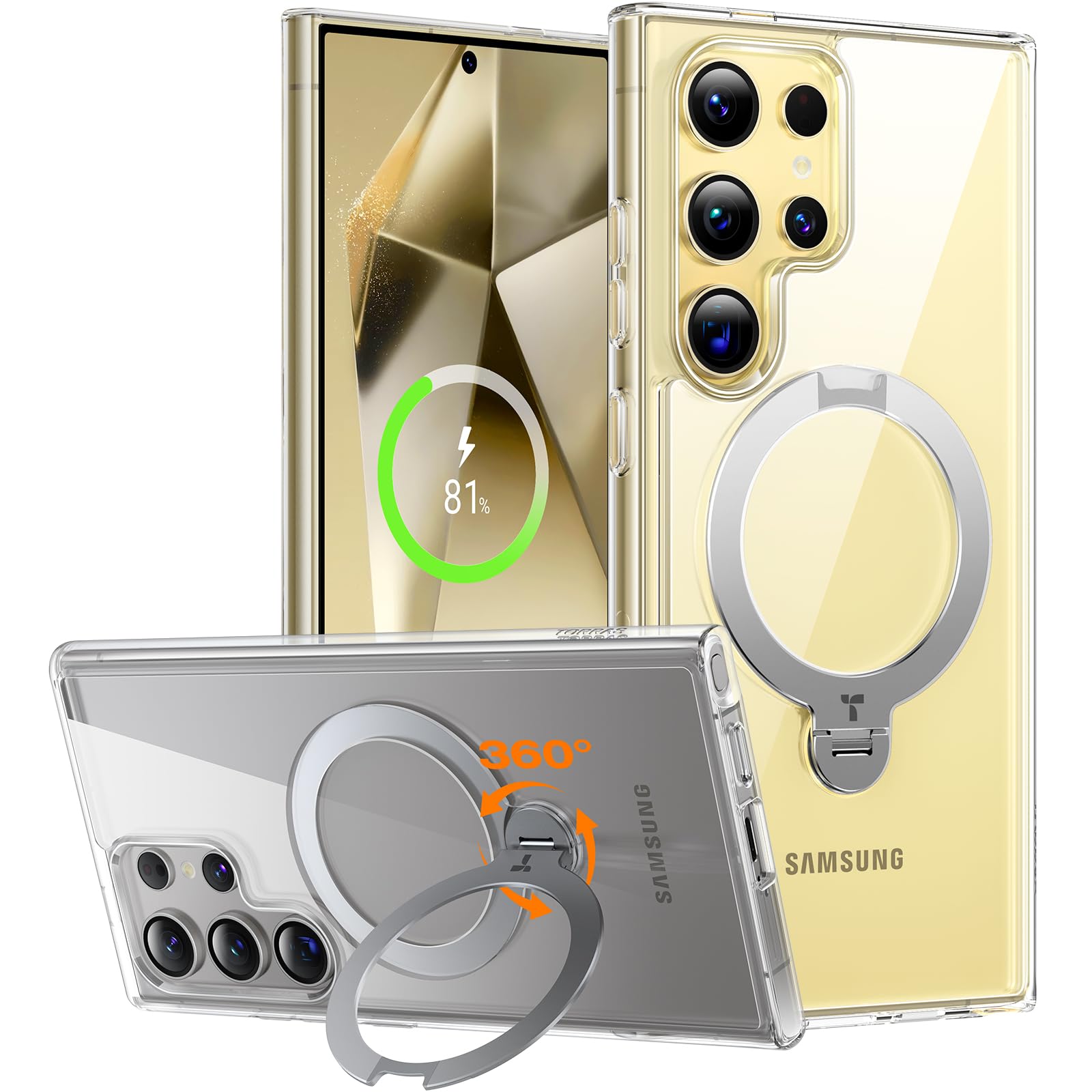 Torras 360Spin Magnetic Kickstand For Samsung Galaxy S24 Ultra Case, Compatible With Magsafe, Transparent Slim Protective S24 Ul