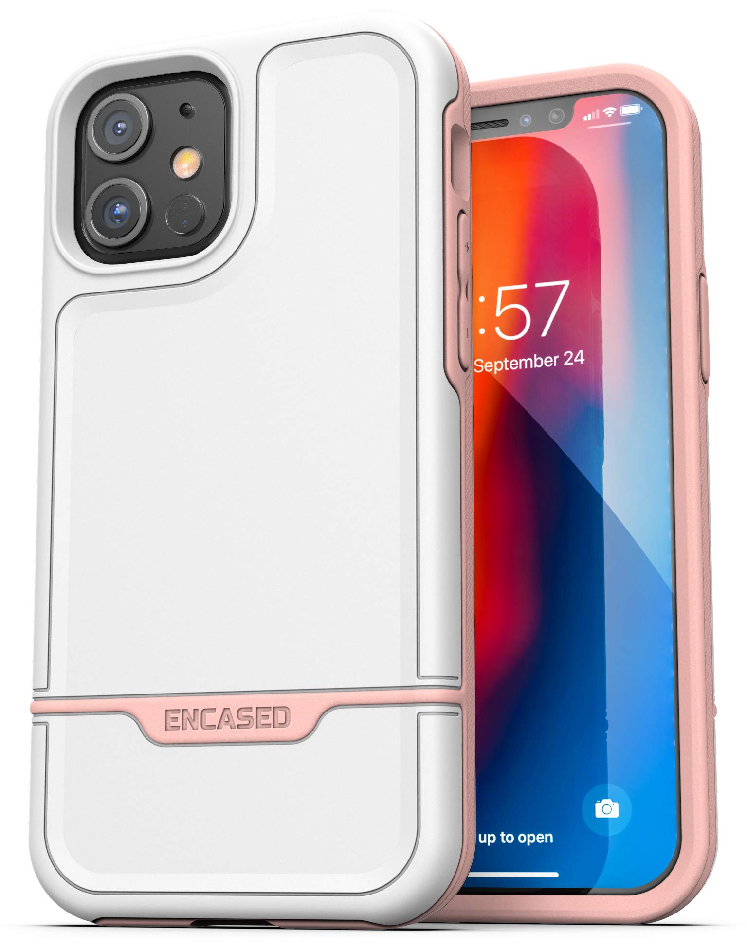 ENCASED Protective Rebel Series Compatible with iPhone 12 Mini Case Heavy Duty Full Body Rugged Cover - White/Pink