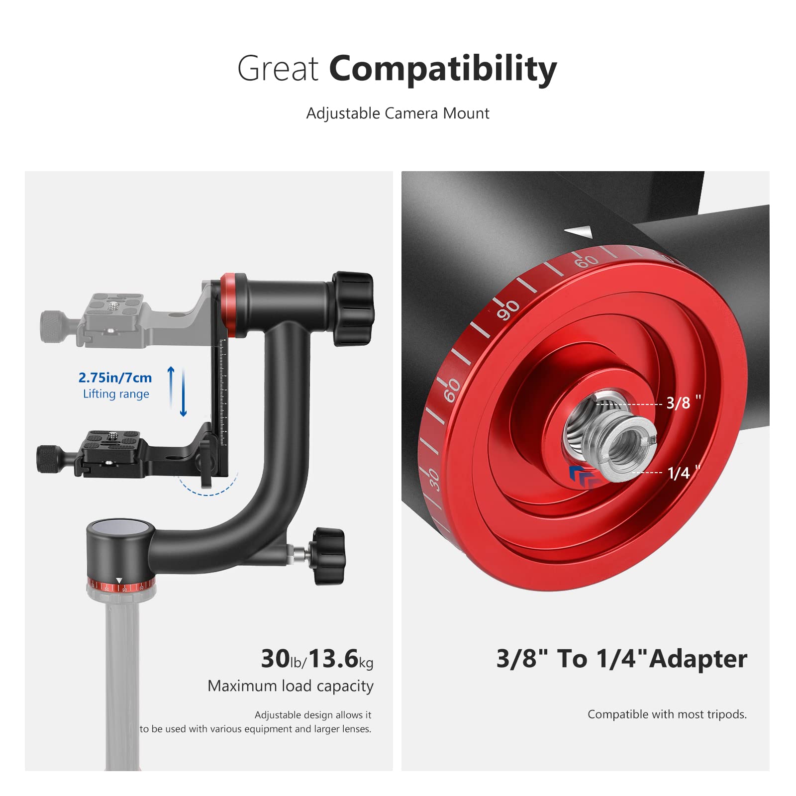 NEEWER Gimbal Tripod Head - Heavy Duty Aluminum Alloy, 360° Panoramic Shooting, Supports DSLR Up to 30lbs, Black, Model 10099646