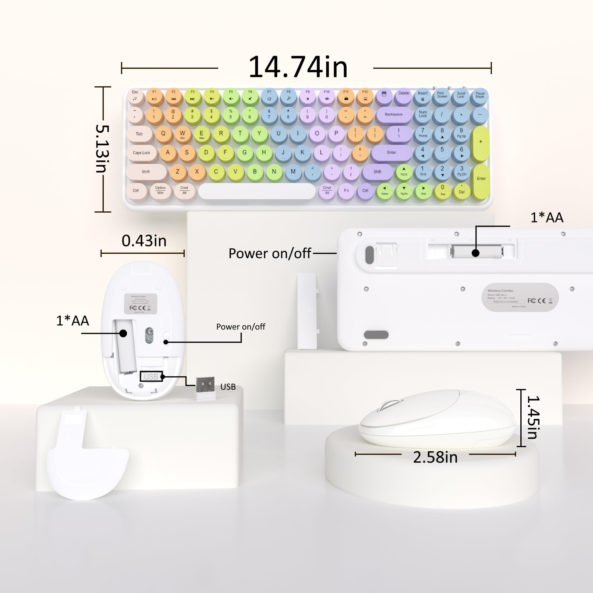 Links9+ Wireless Keyboard Mouse Combo Gradient Rainbow Colors 100 Keys 2.4GHz Optical White Colorful