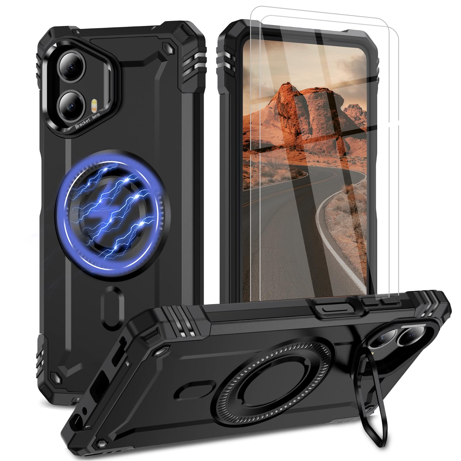 Bonkier Moto G 5G 2024 Case with Stand, Military-Grade Protection, 2X Tempered Glass Screen Protector, J Black