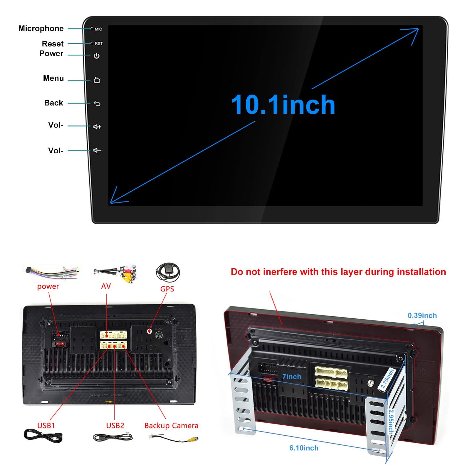 10.1Inch 2.5D Hd Double Din Car Stereo Radio Receiver, Android Touch Screen Mp5 Multimedia, Support Gps Navigation Bluetooth Fm