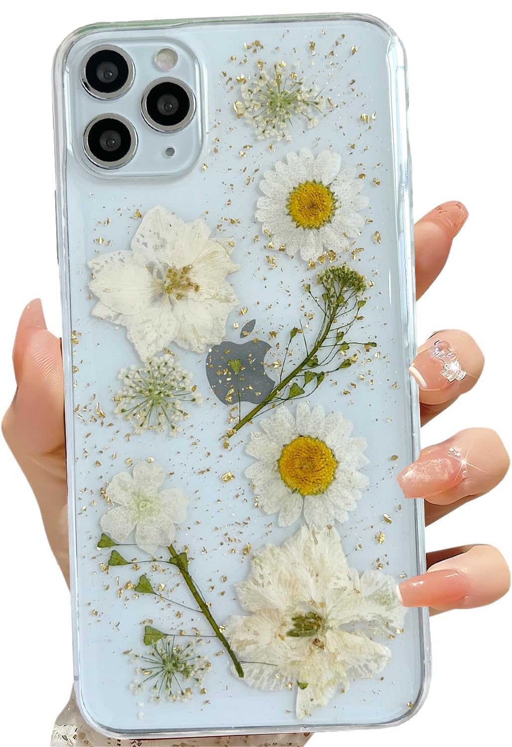 Lseeka For Iphone 11 Pro Clear Case With Pressed Real Flowers Design,Glitter Cute White Floral Pattern Slim Soft Tpu Protective