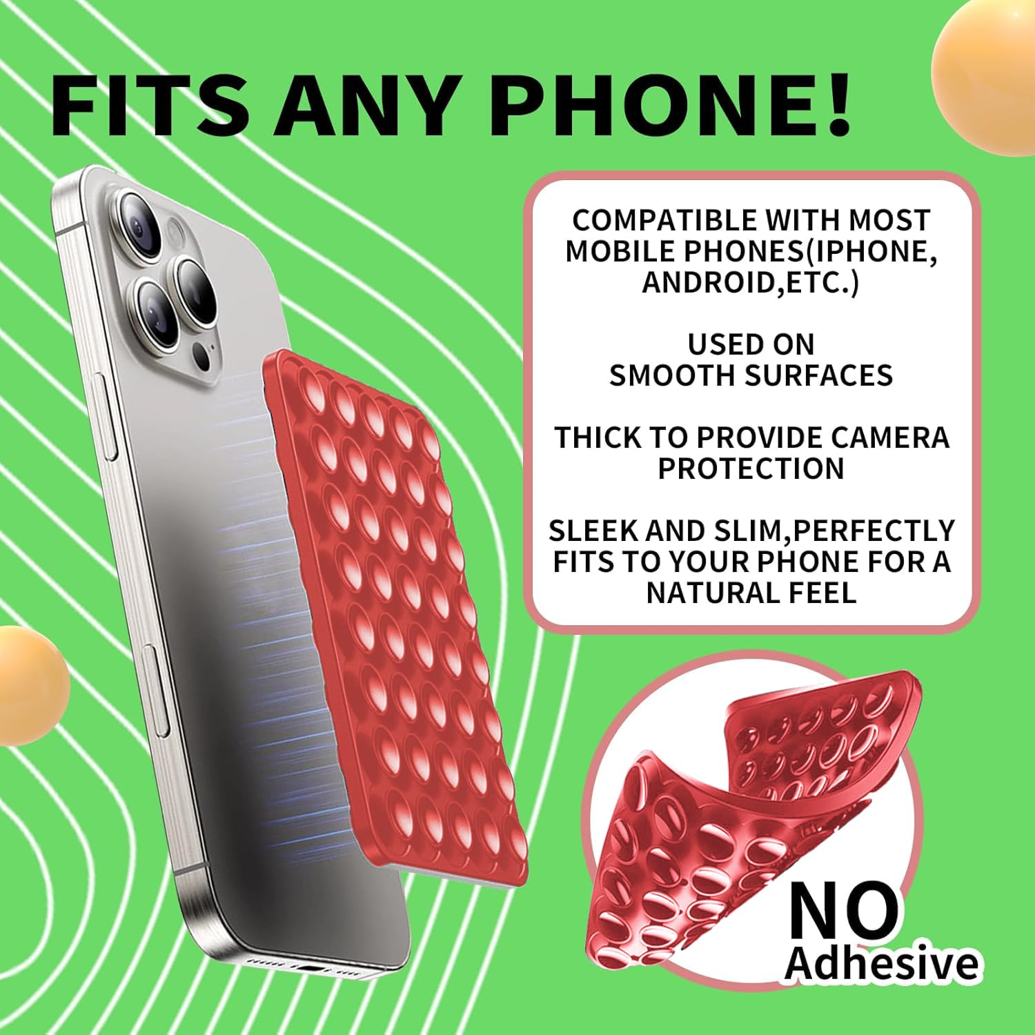 VEADOOLLY Suction Phone Mount for MagSafe Case - Red Silicone Sticky Grip Holder for iPhone, Hands-Free Photo/Video Streaming